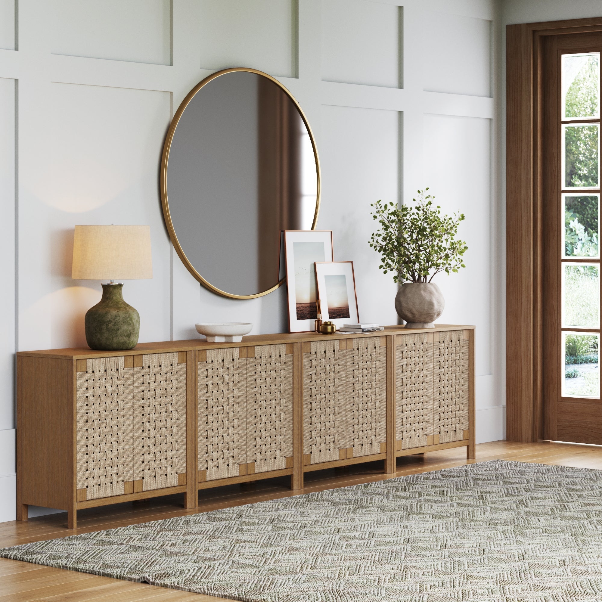 Large Woven Seagrass TV Console Credenza Light Brown (Set of 4)