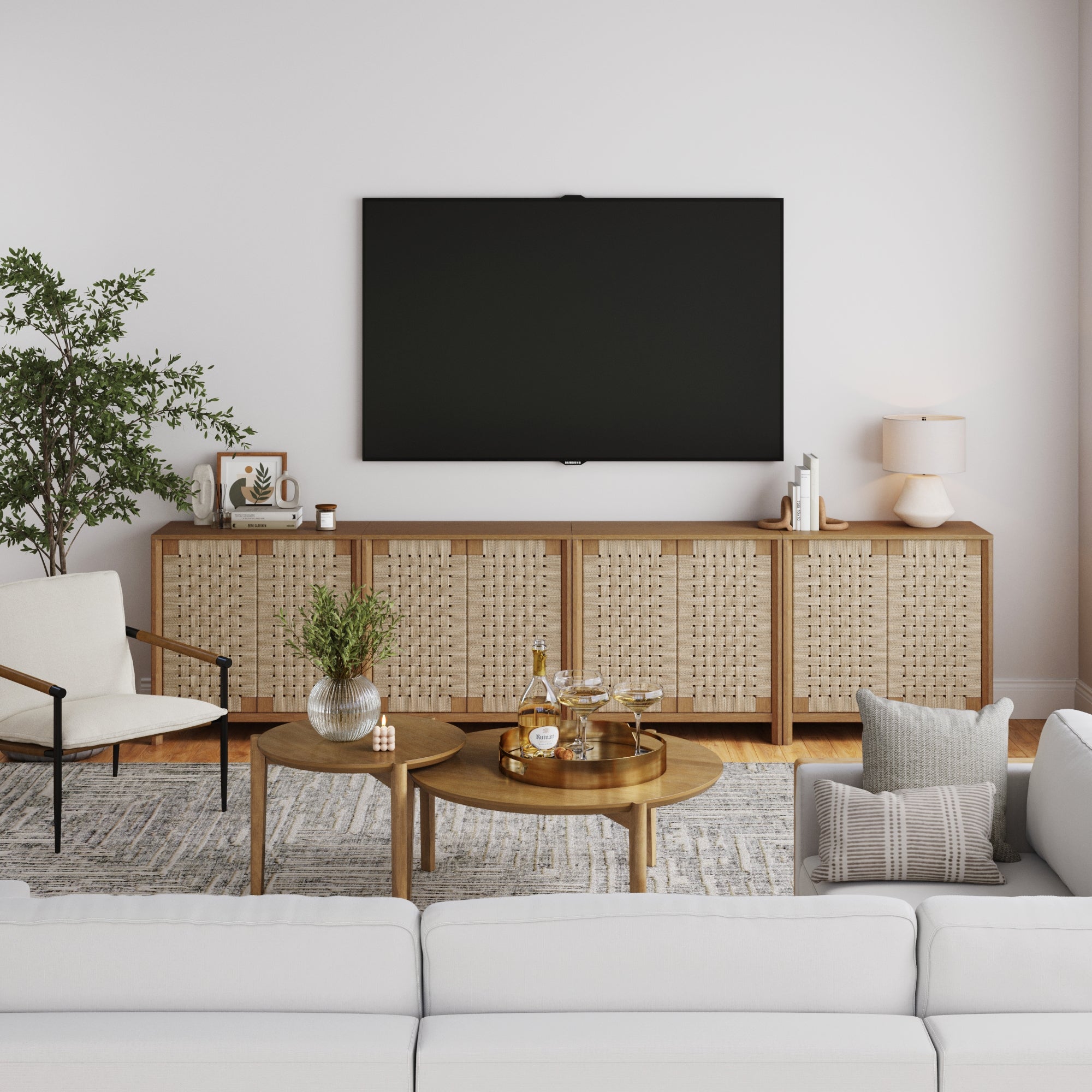 Boho Woven Seagrass TV Console Credenza Light Brown (Set of 3) - Thumbnail 3