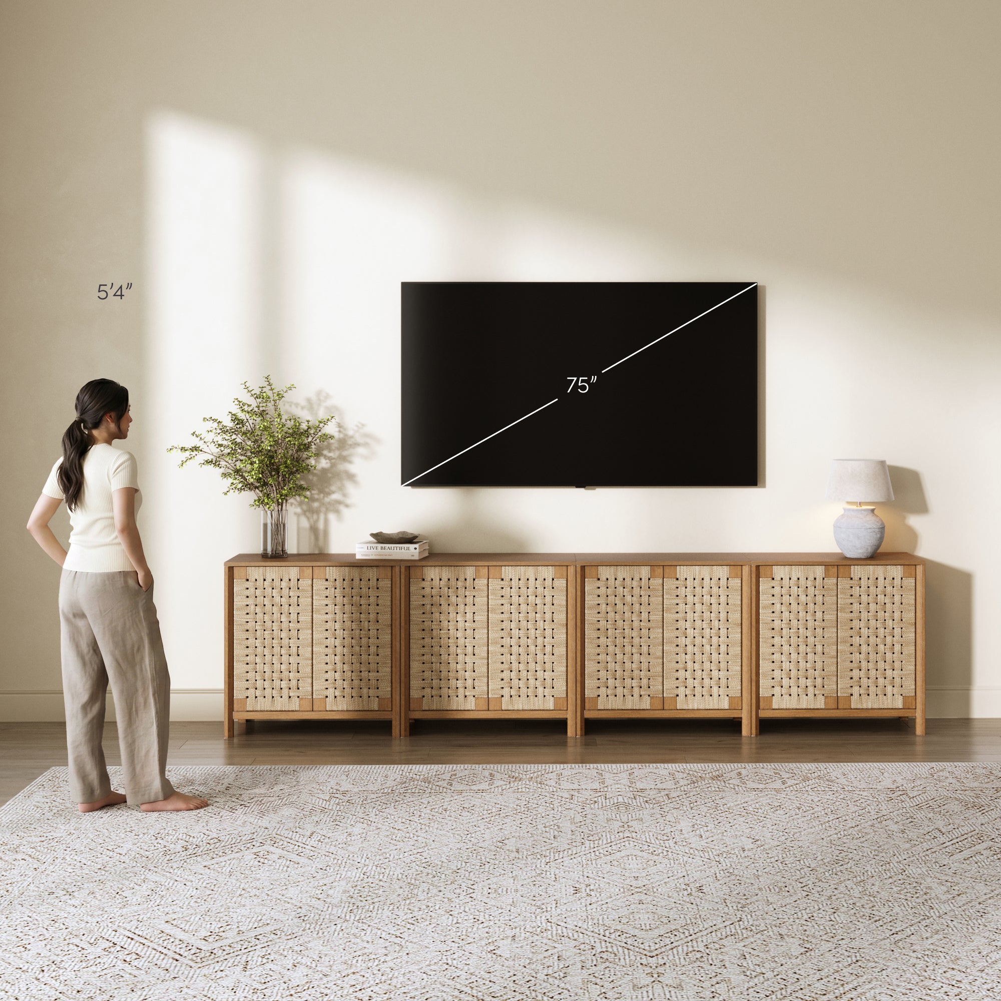 【新品】Magical Furniture Brass side shelf Aerie Credenza Woven Seagrass Light Brown Set of 4 | Nathan James