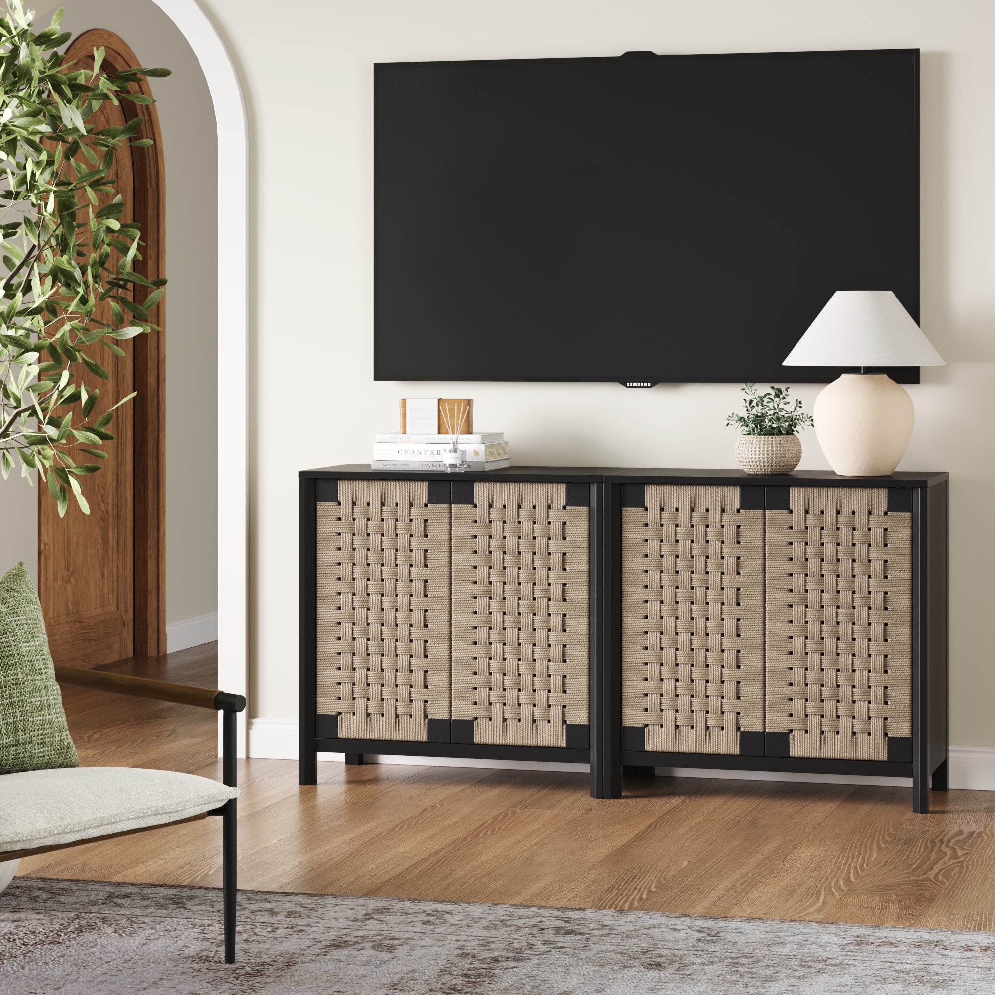 Boho Woven Seagrass TV Console Credenza Black (Set of 2)