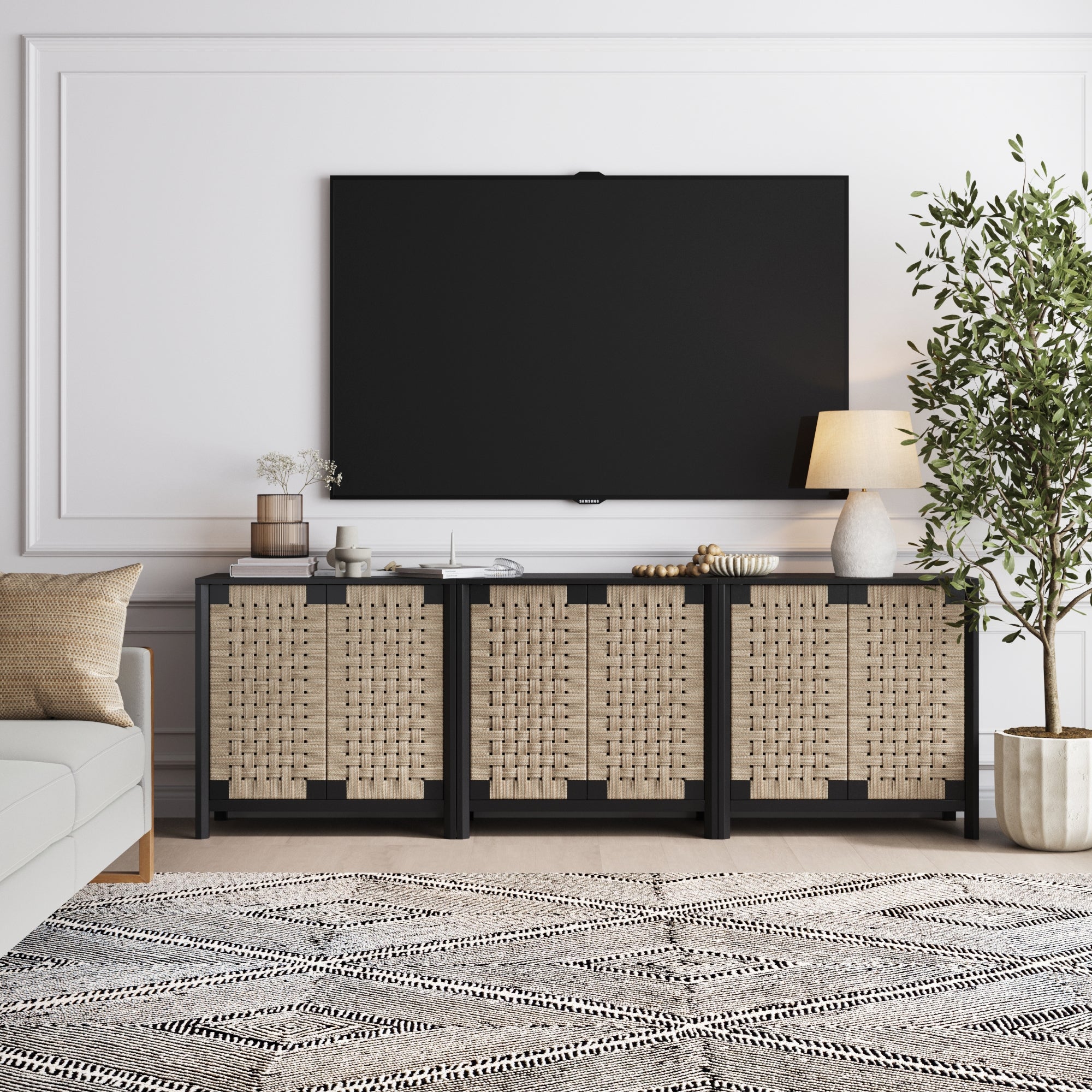 Boho Woven Seagrass TV Console Credenza Black (Set of 3)