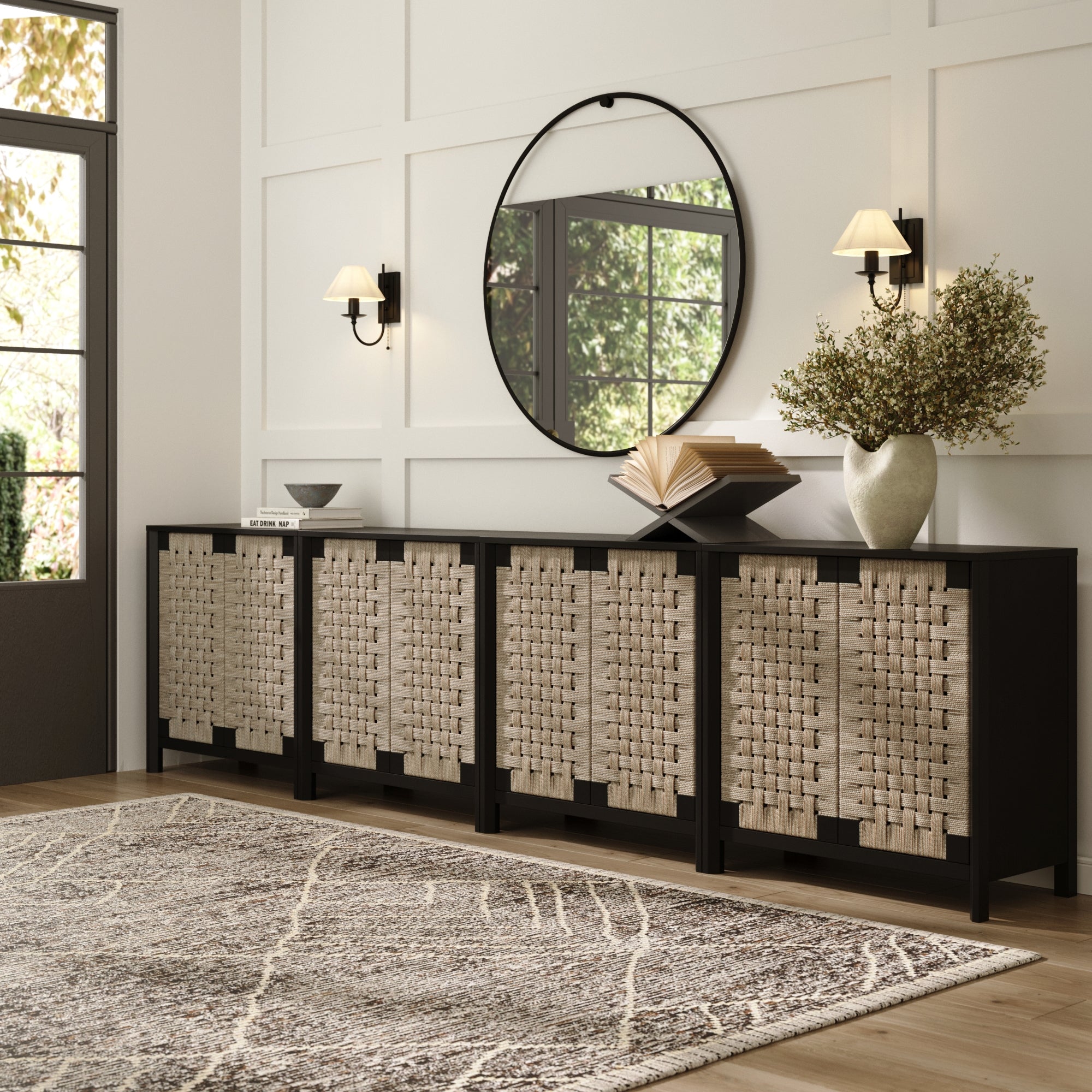 Large Woven Seagrass TV Console Credenza Black (Set of 4)