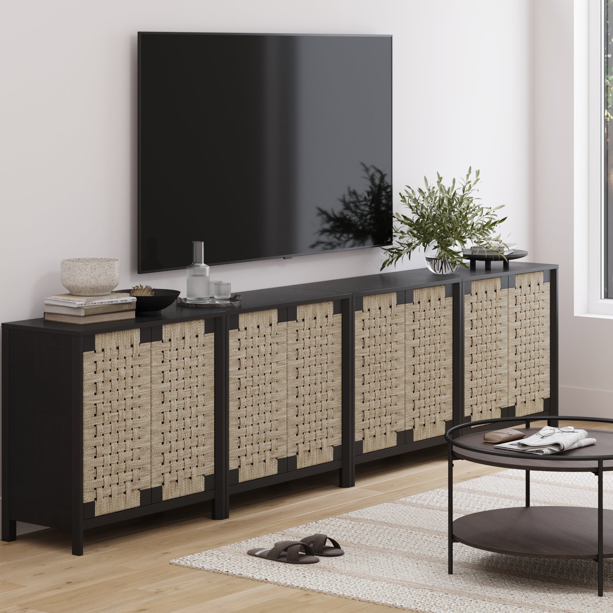 Large Woven Seagrass TV Console Credenza Black (Set of 4)