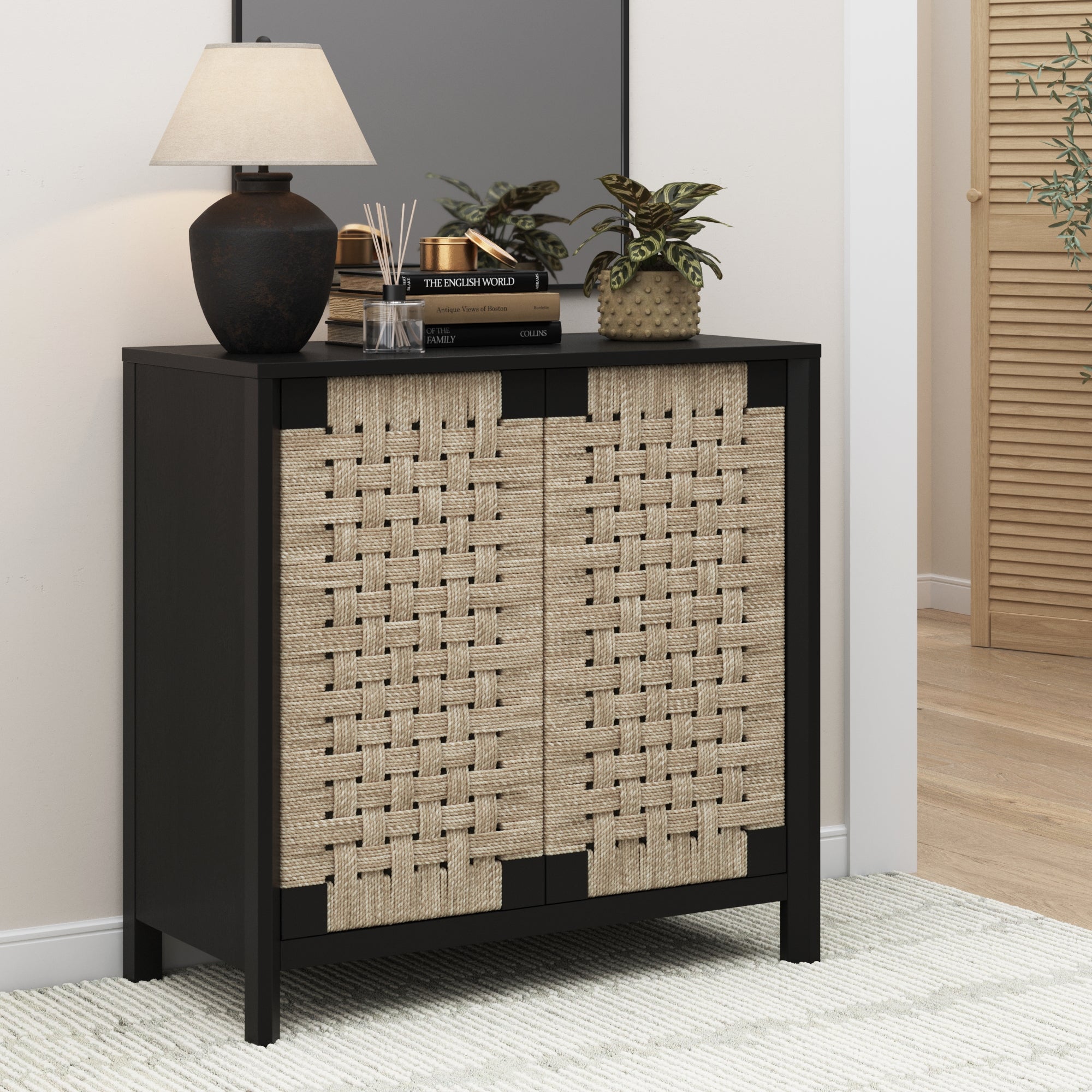 Boho Woven Seagrass & Wood Storage Cabinet Black