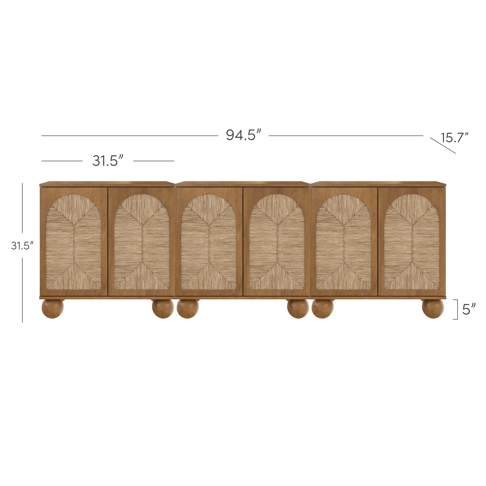 A long wooden sideboard with four cabinets featuring textured, arched designs on the doors. Dimensions are 94.5 wide, 31.5 high, 15.7 deep, and it stands on five round ball-shaped feet.