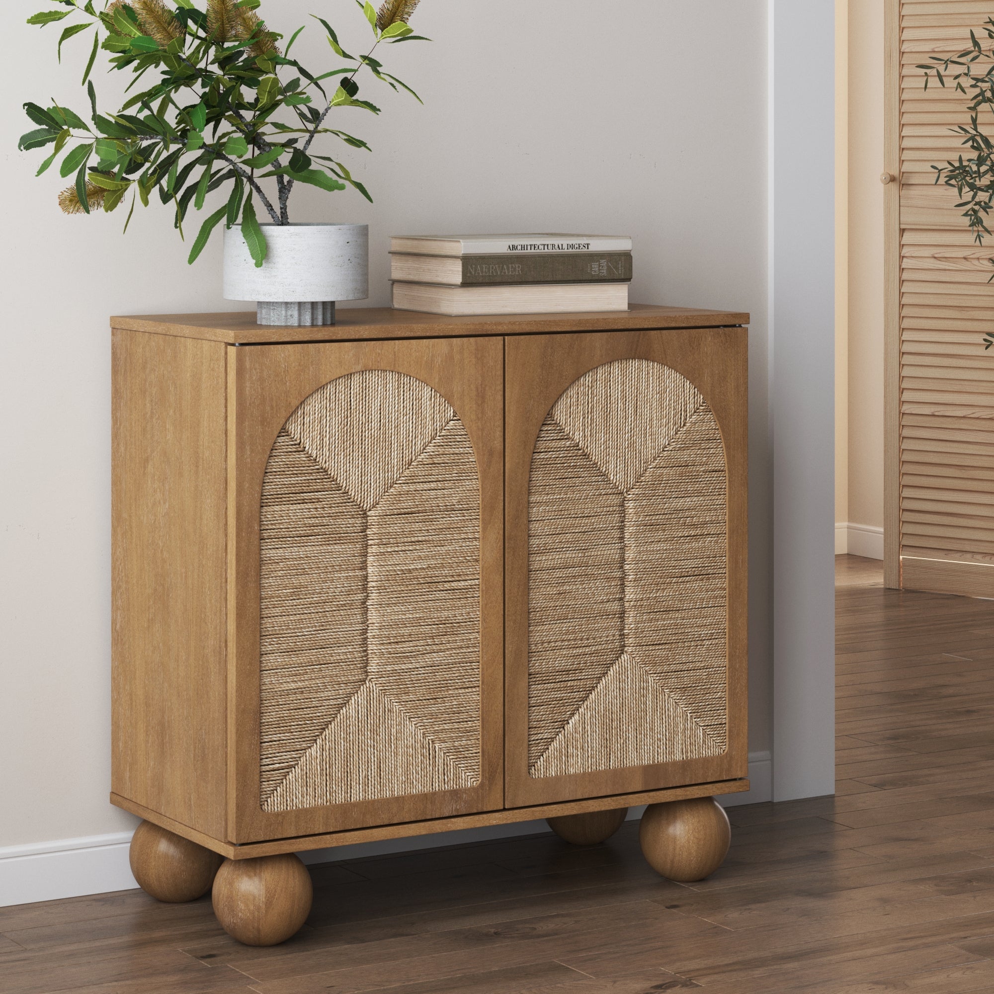 Boho Seagrass Arched Storage Cabinet