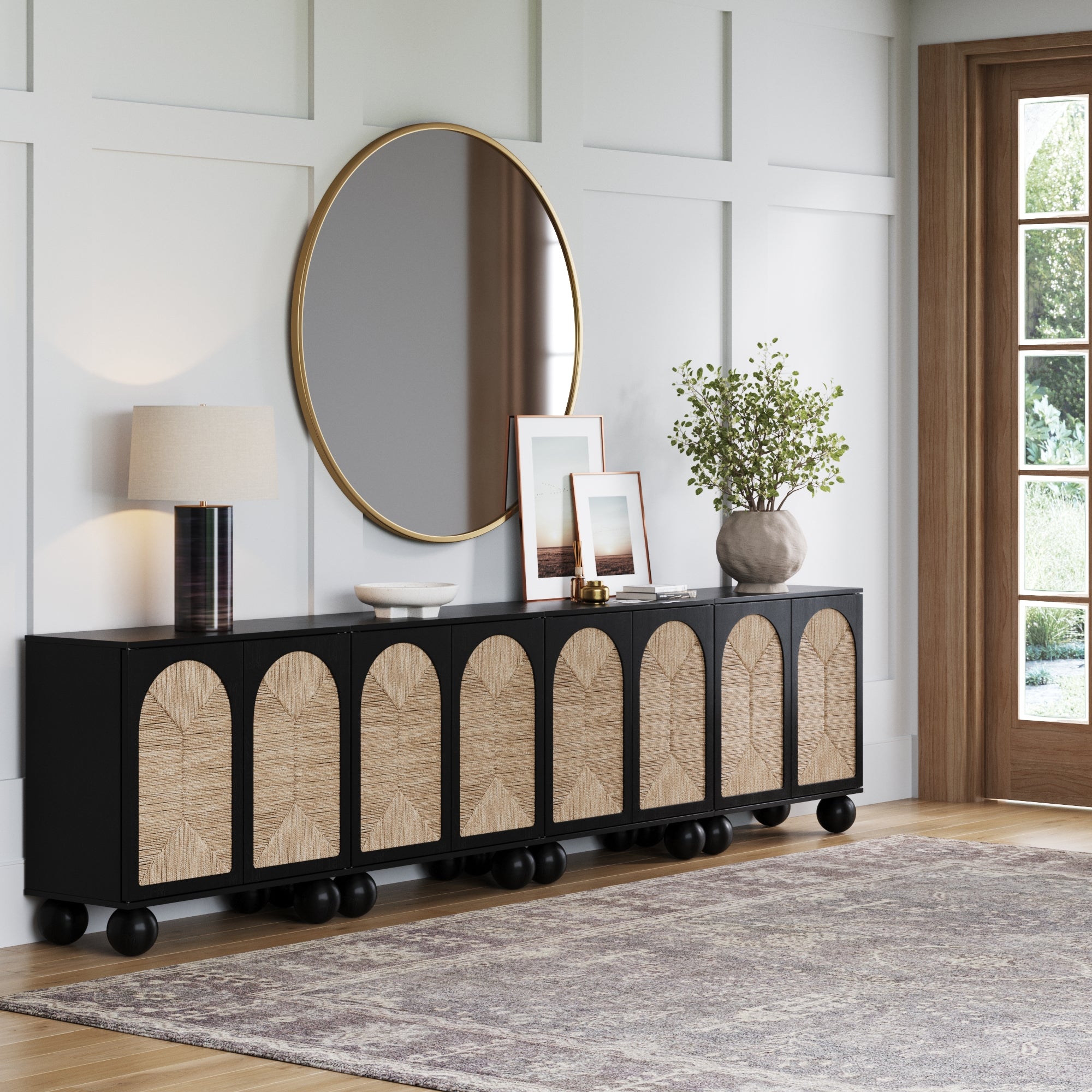 Large Seagrass Arched TV Console Credenza Black (Set of 4)