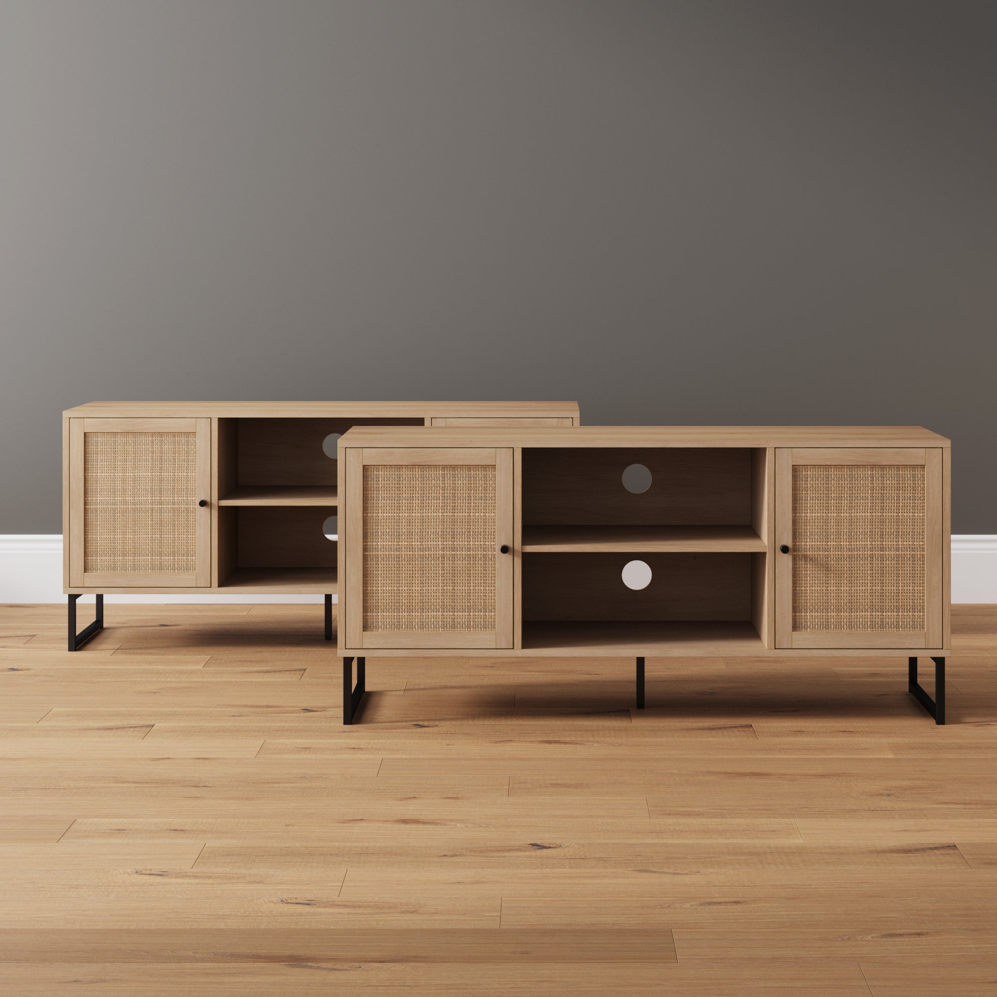 Rattan & Wood TV Cabinets Light Oak Set of 2