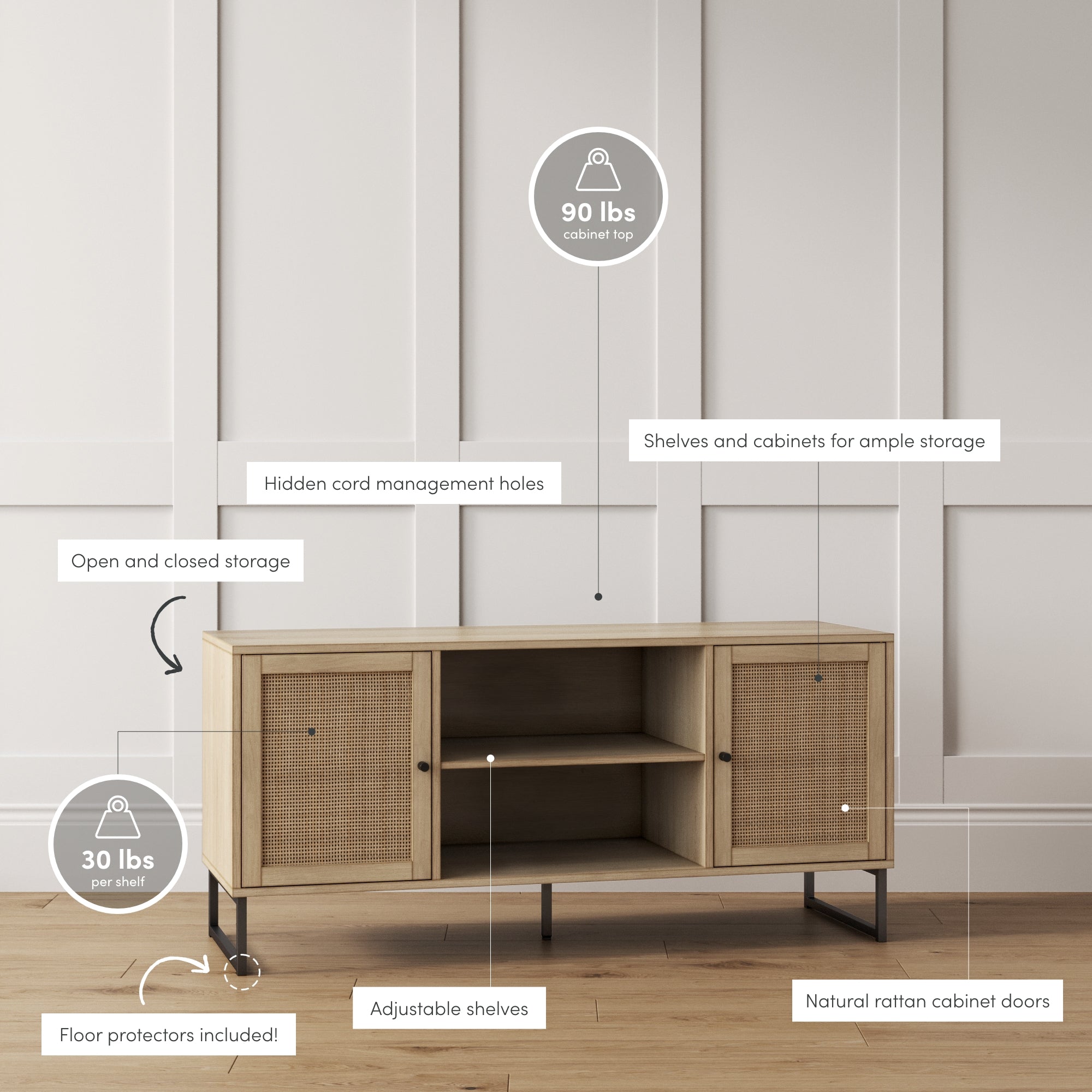 Mina TV Cabinet Rattan Light Oak Credenza | Nathan James
