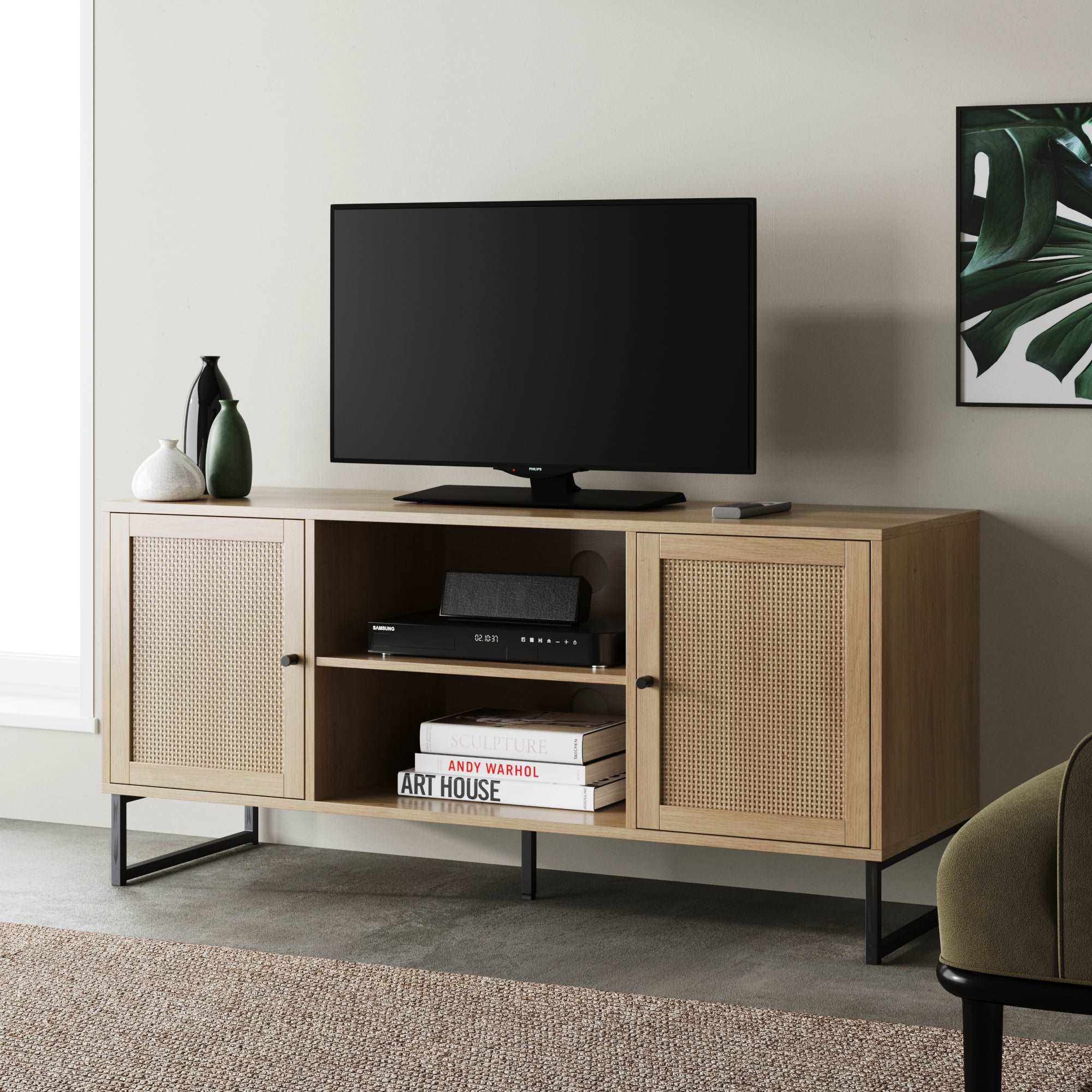 Rattan & Wood 2-Door TV Cabinet | Mina Light Oak-Rattan-Matte Black