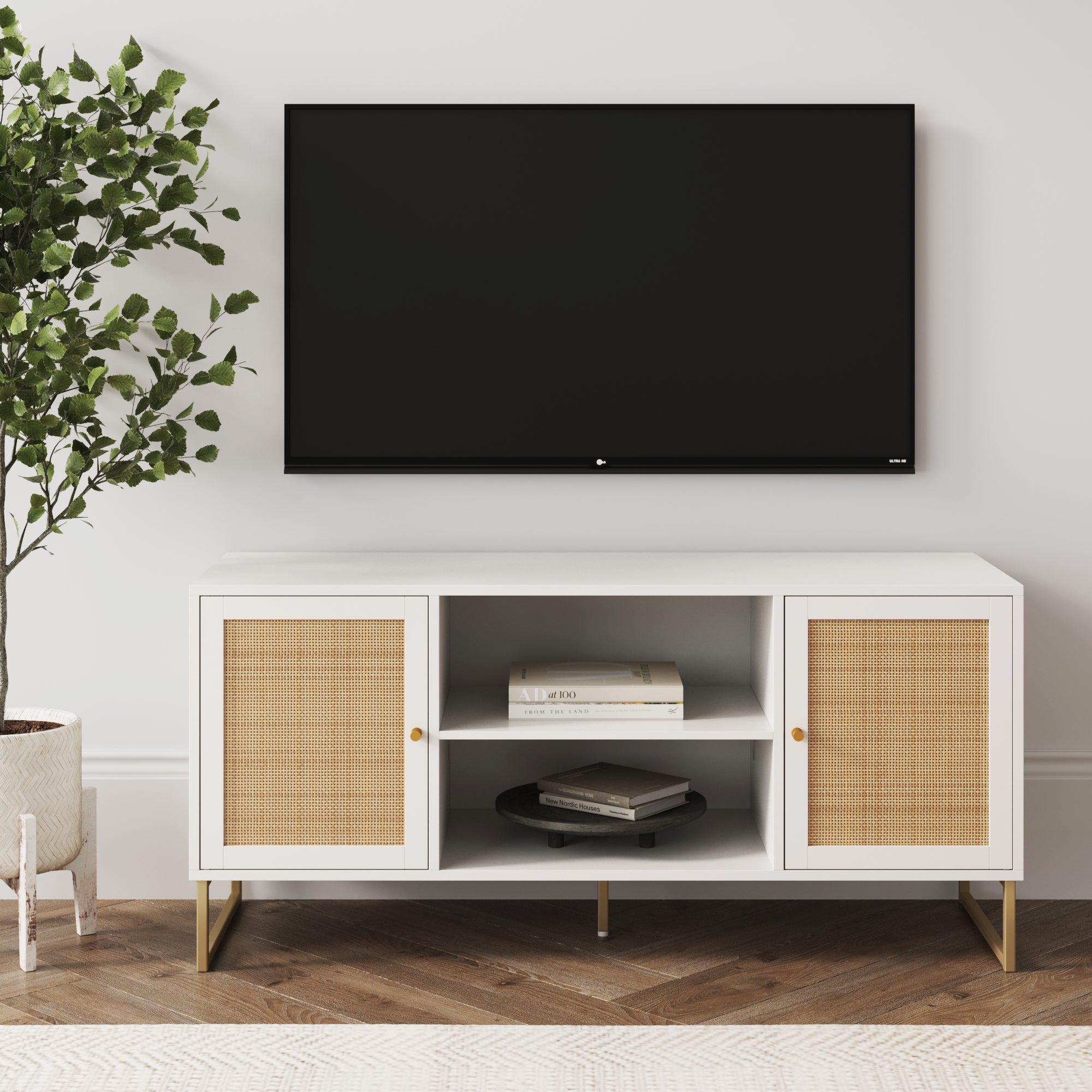Rattan & Wood 2-Door TV Cabinet White