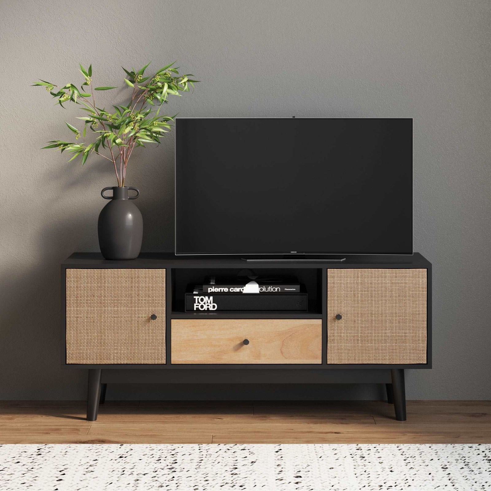 Boho Bonnie Black Wood Rattan Storage TV Media Unit | Nathan James