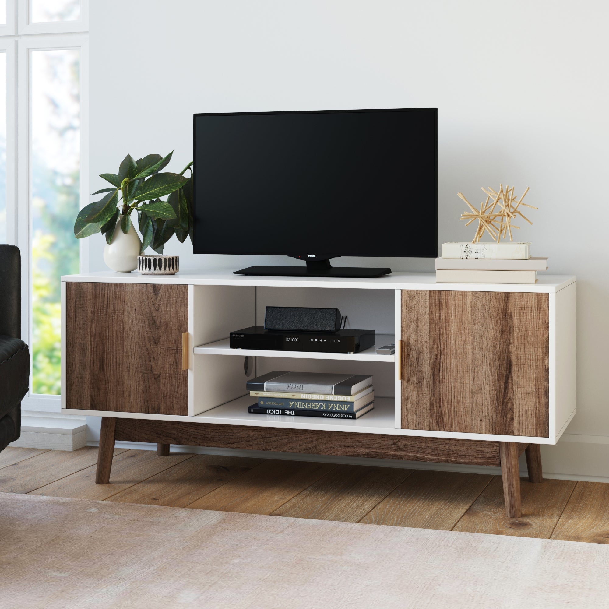 2-Door Nathan White Cabinet James | Storage TV with Modern Wesley