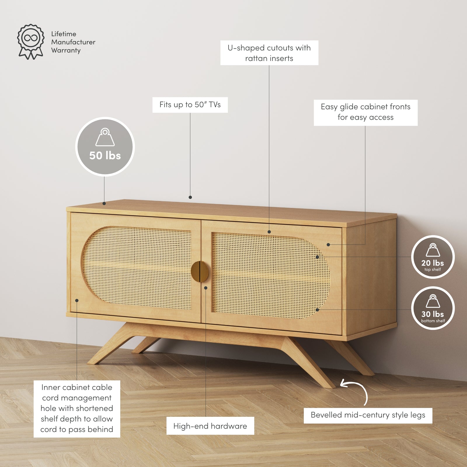 Rattan Wood Rounded Door TV Stand Nathan James