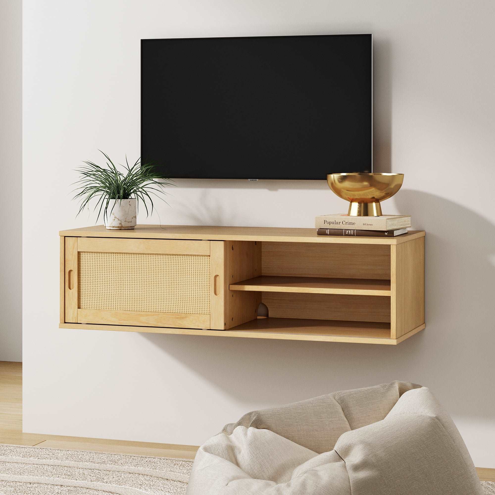 Solid Wood & Rattan Wall Mount TV Cabinet Warm Pine-Rattan