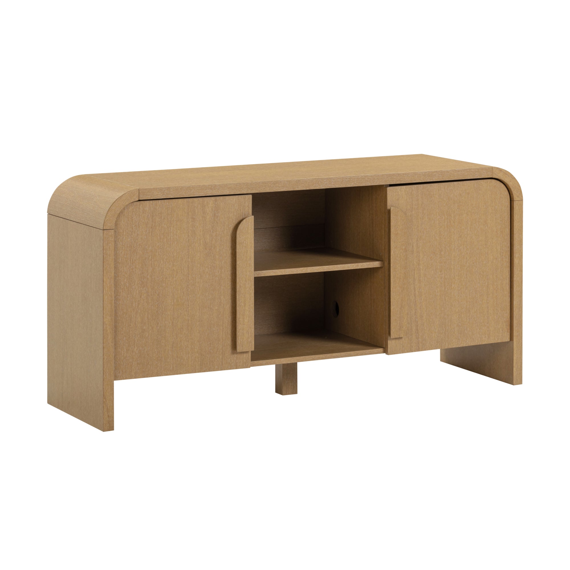 A modern light wood sideboard with rounded edges, two doors, and an open central shelf section. The design is minimalist and contemporary.