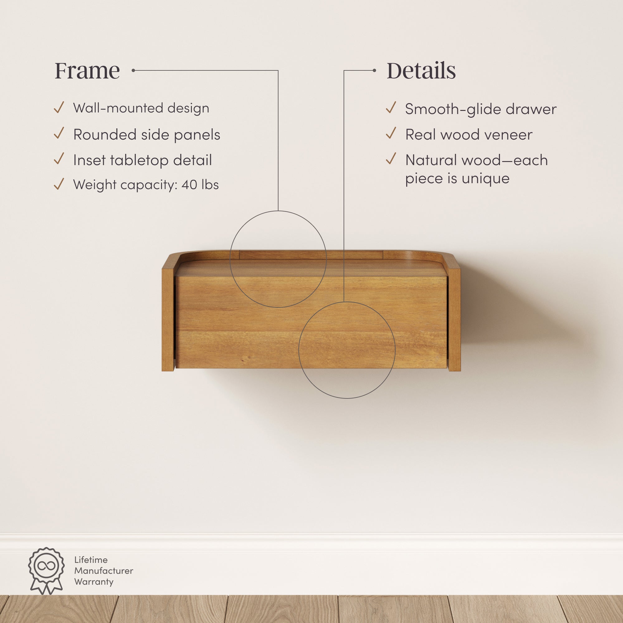 Floating 1-Drawer Rounded Nightstand - Thumbnail 5