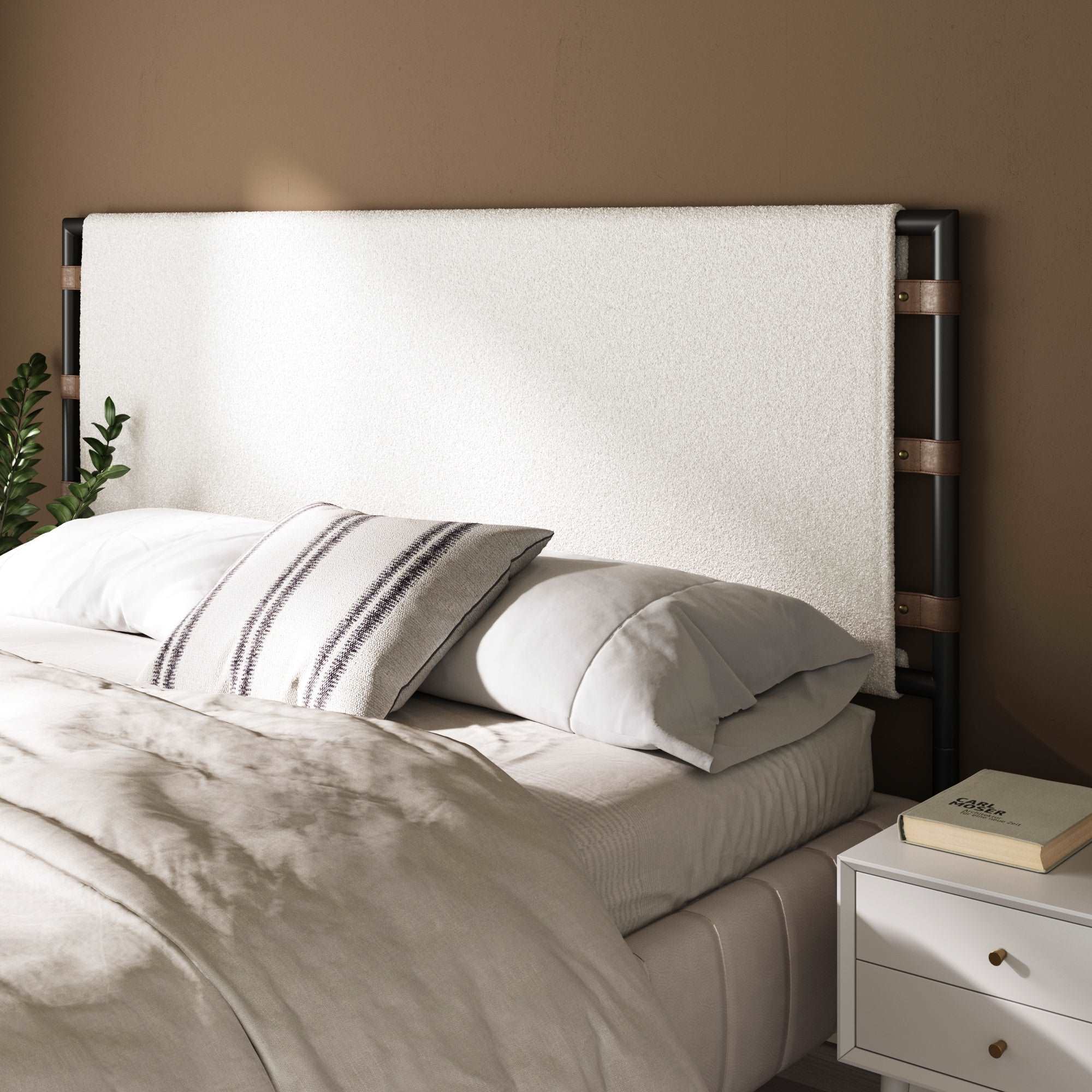 Aspen Boucle King White Headboard Faux Leather Straps | Nathan James