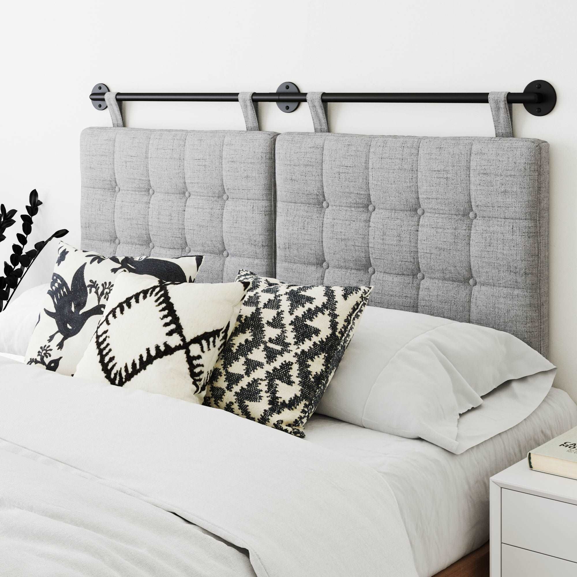 Button Tufted Wall Mount Headboard Feather Gray-Matte Black Queen