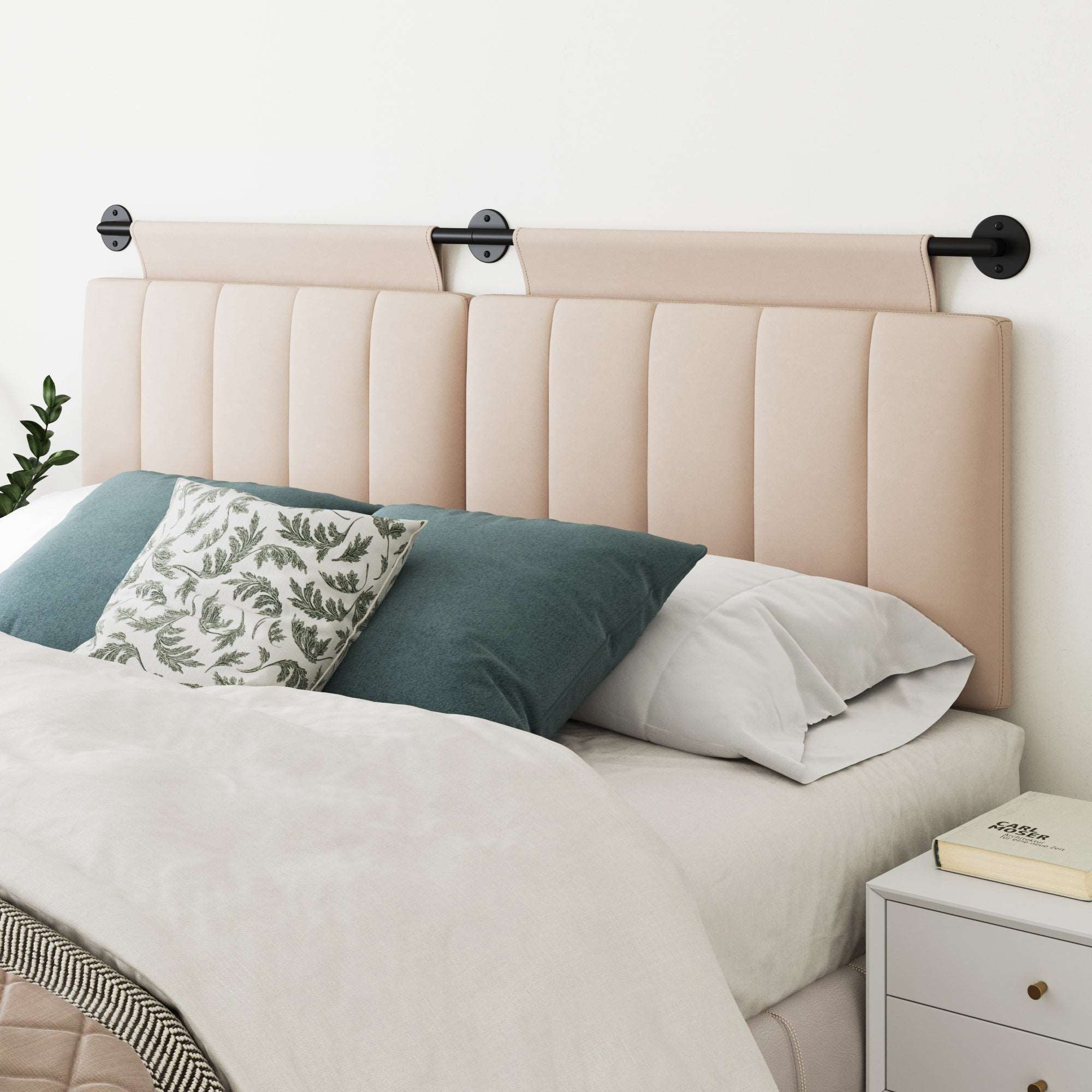 Channel Tufted Fabric Wall Mount Headboard Rosy Cream-Matte Black King