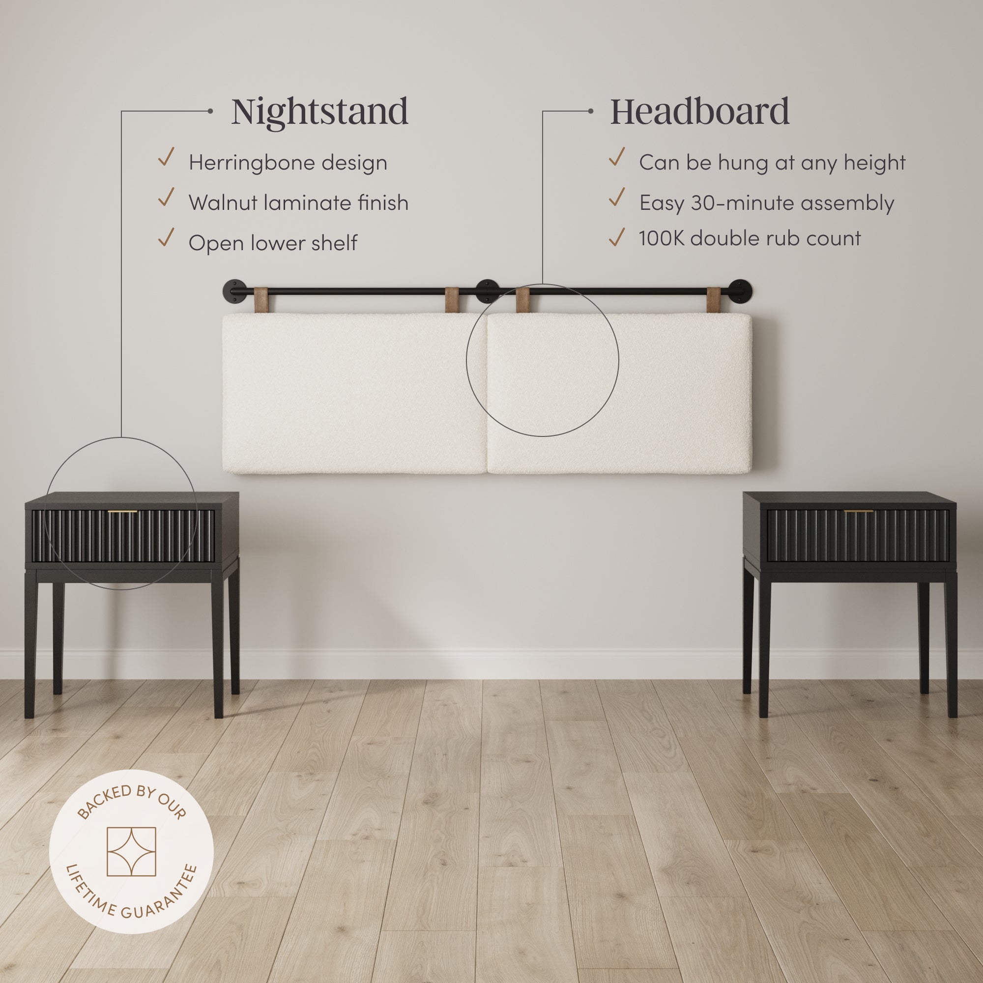 Boucle Upholstered Queen Headboard and Nightstand Set - Nathan James