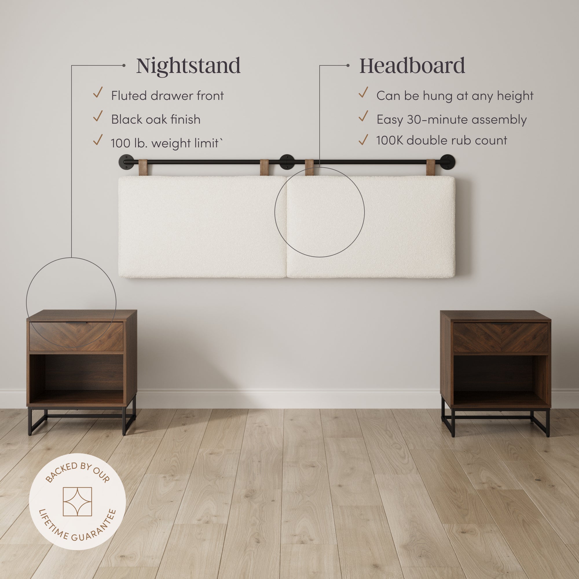 Boucle Queen Headboard and Walnut Nightstand Set - Nathan James