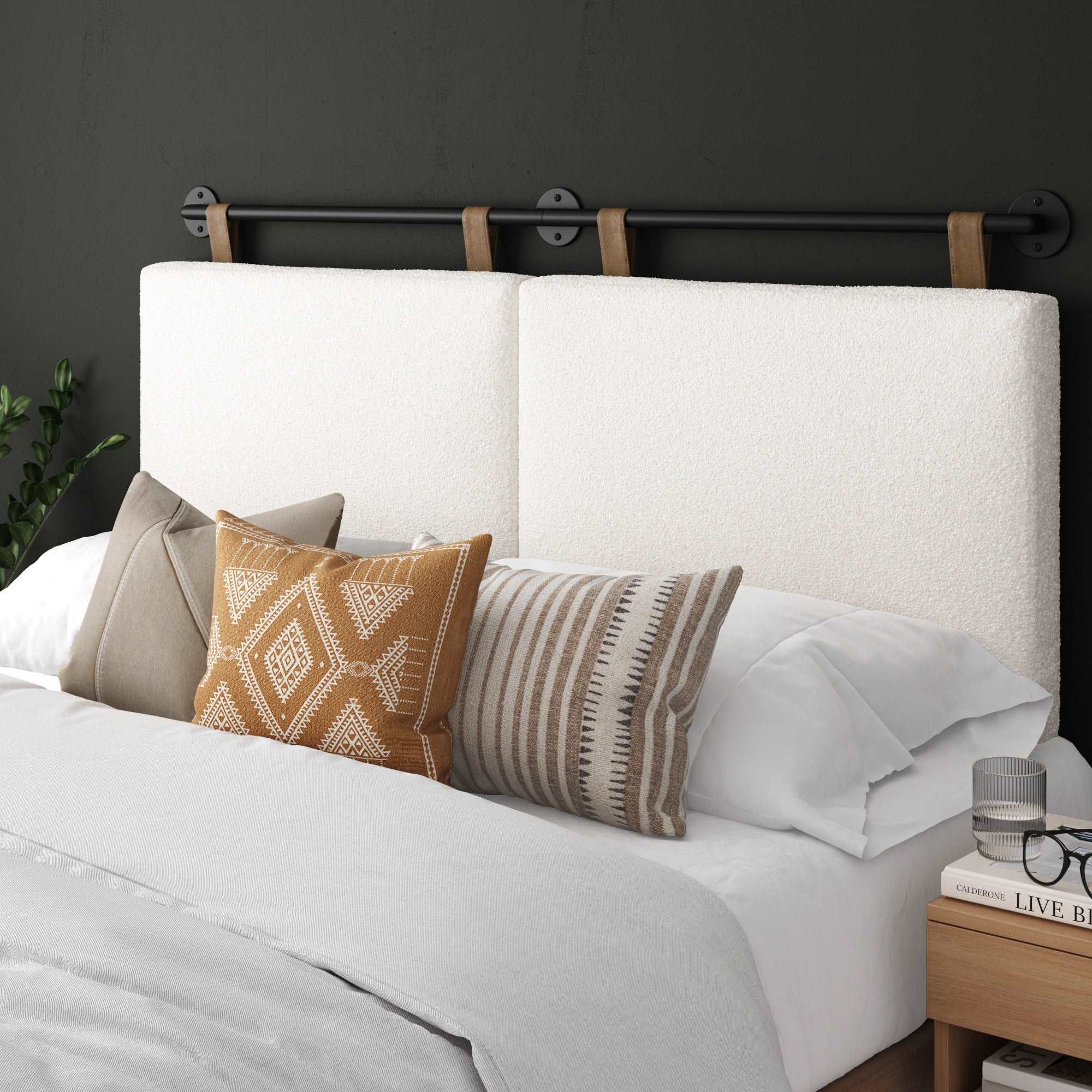 Boucle Upholstered Wall Mount Headboard Boucle White Rough-Saddle Brown-Matte Black Queen