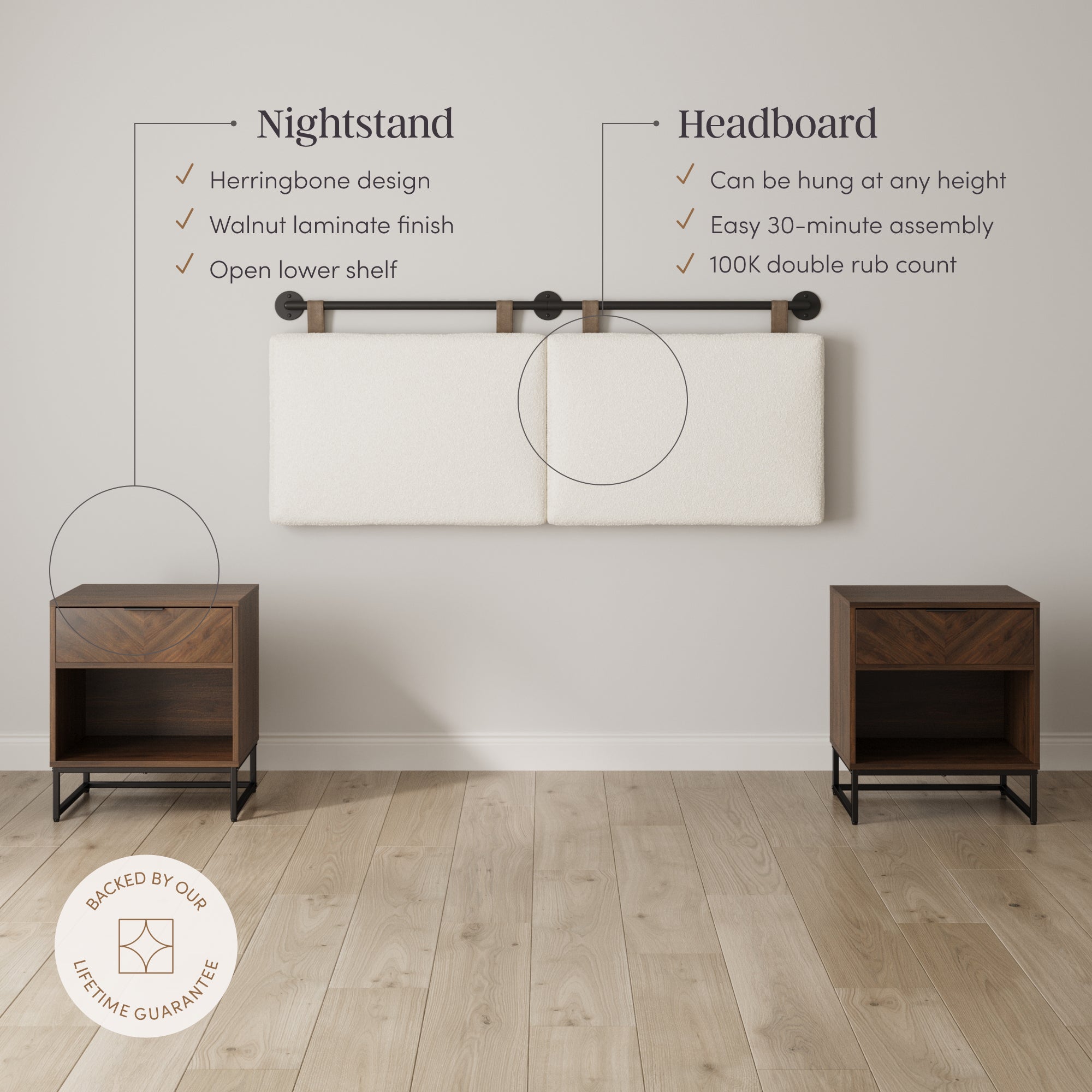 Boucle Upholstered King Headboard and Nightstand Set - Nathan James