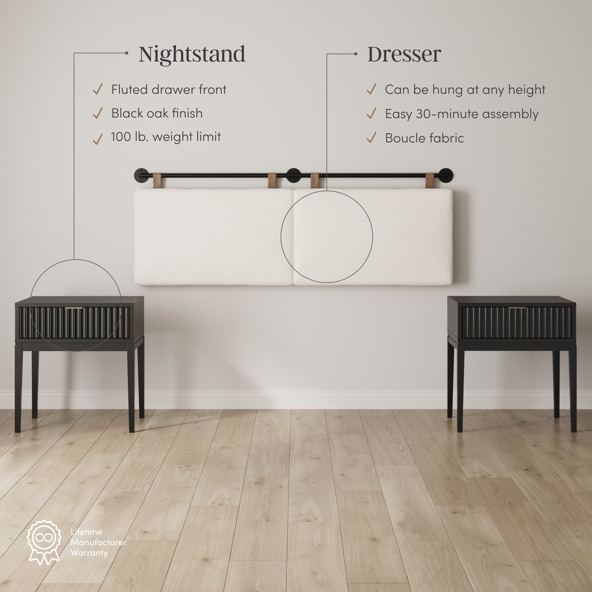 Modern Boucle King Headboard and Fluted Nightstand Set - Thumbnail 4