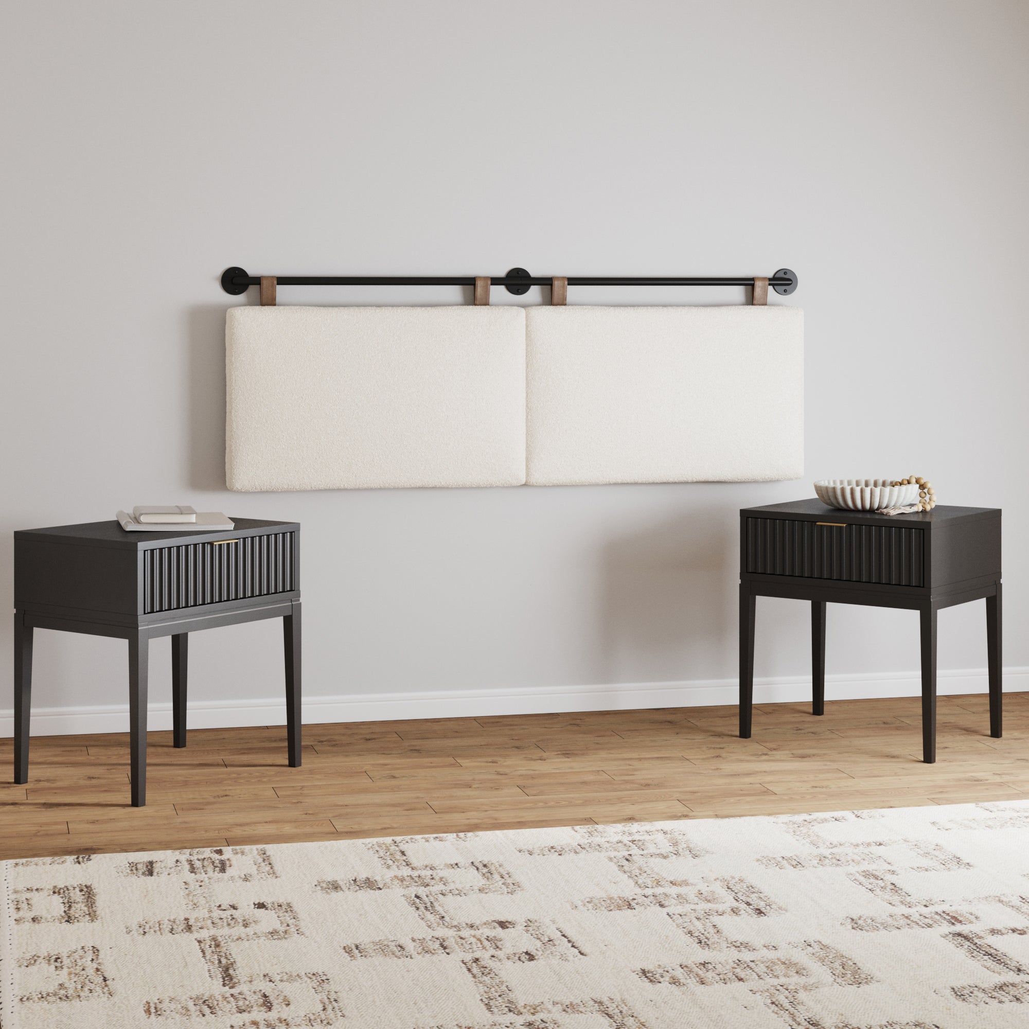 Modern Boucle King Headboard and Fluted Nightstand Set - Thumbnail 3