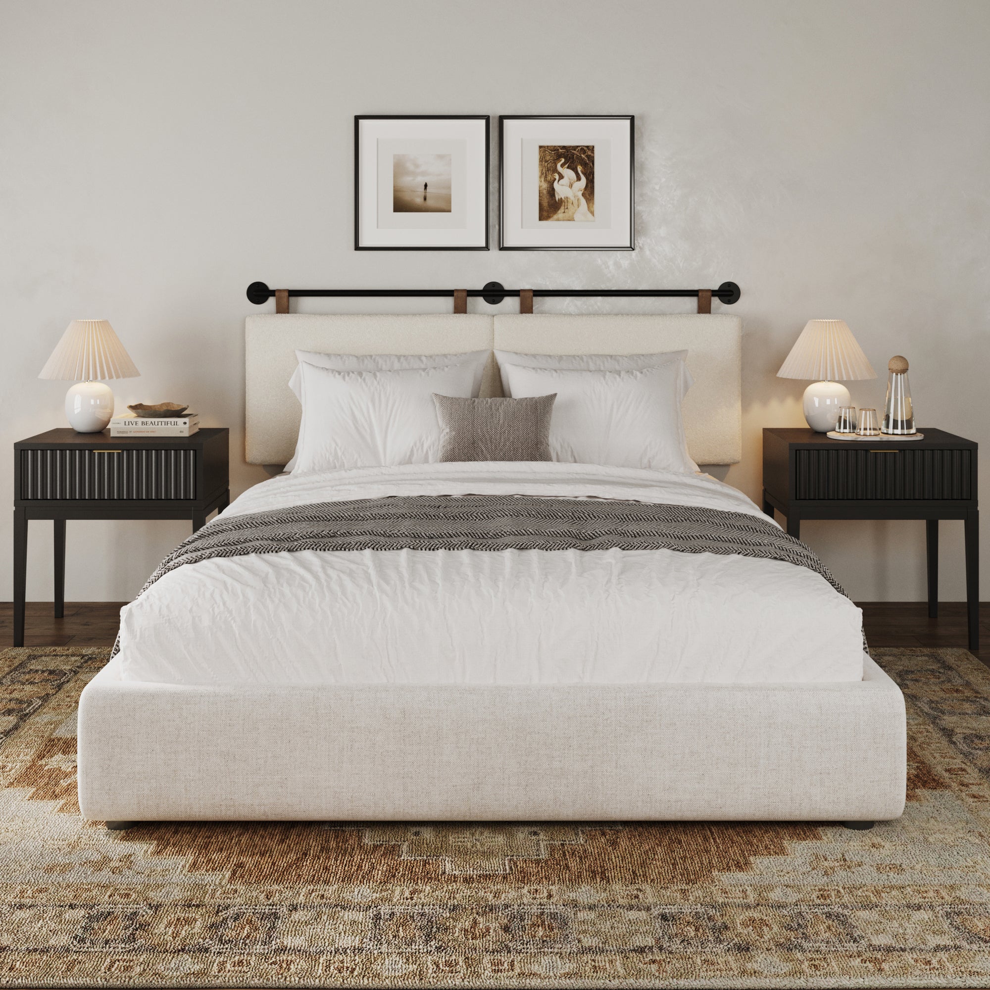 Modern Boucle King Headboard and Fluted Nightstand Set - Thumbnail 2