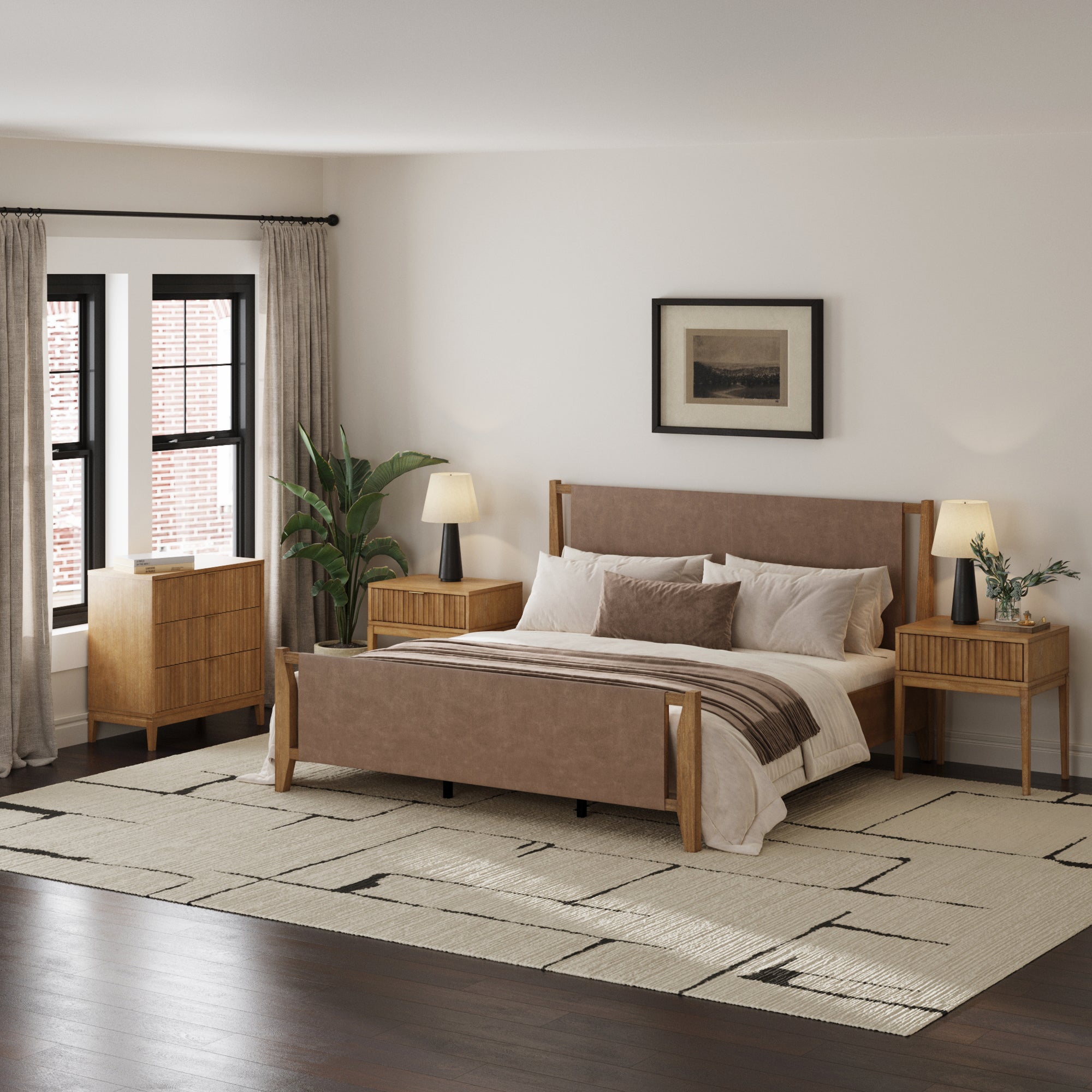 Faux Leather King Bedroom Set with Fluted Dresser & Nightstand Light Brown - Nathan James