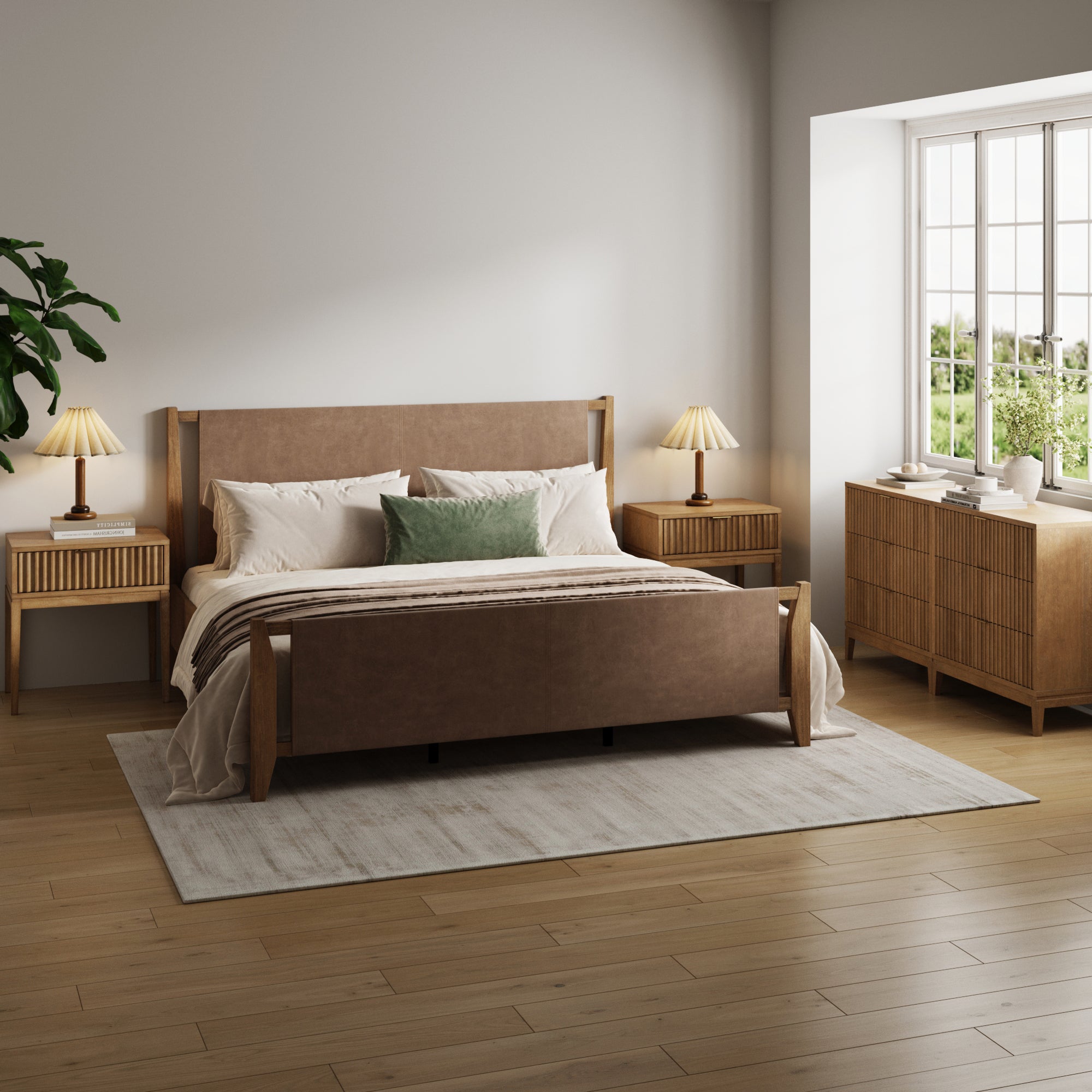 Faux Leather King Bedroom Set with 2 Fluted Dressers & 2 Nightstands Light Brown - Nathan James