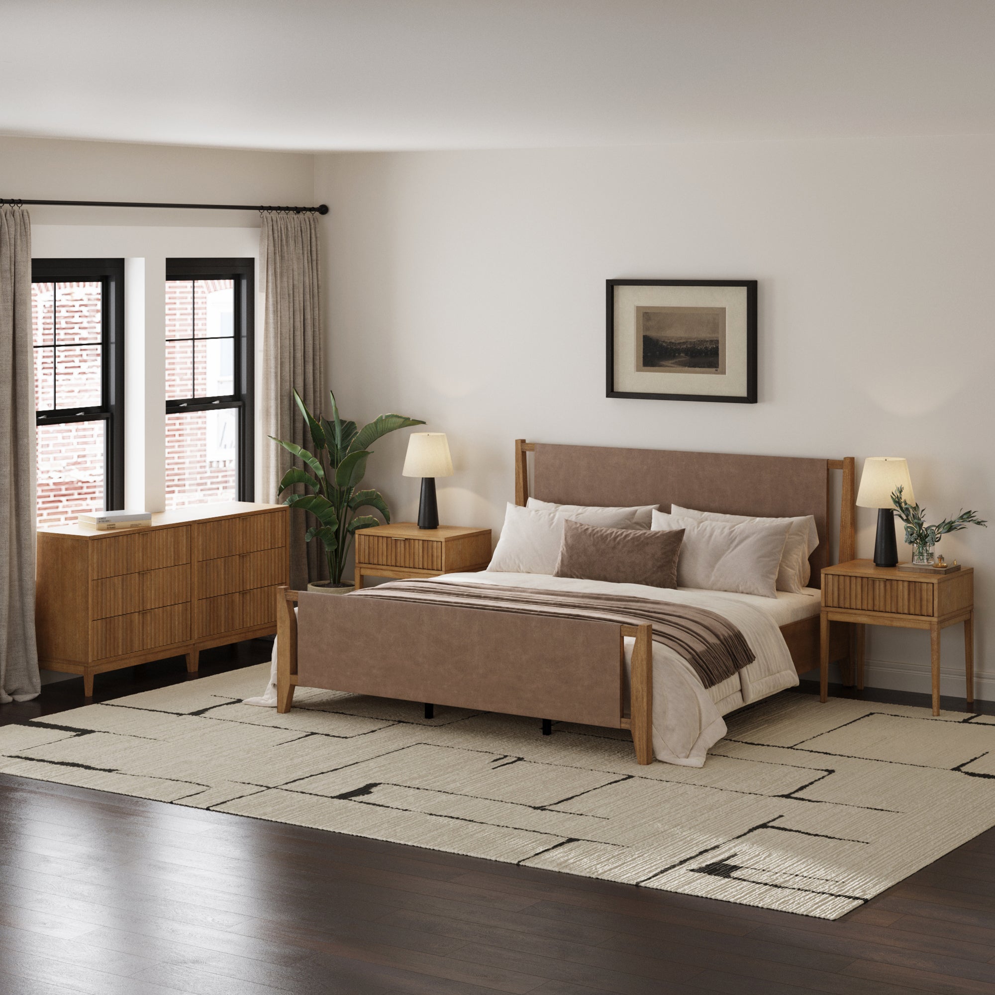 Faux Leather King Bedroom Set with 2 Fluted Dressers & 2 Nightstands Light Brown - Nathan James