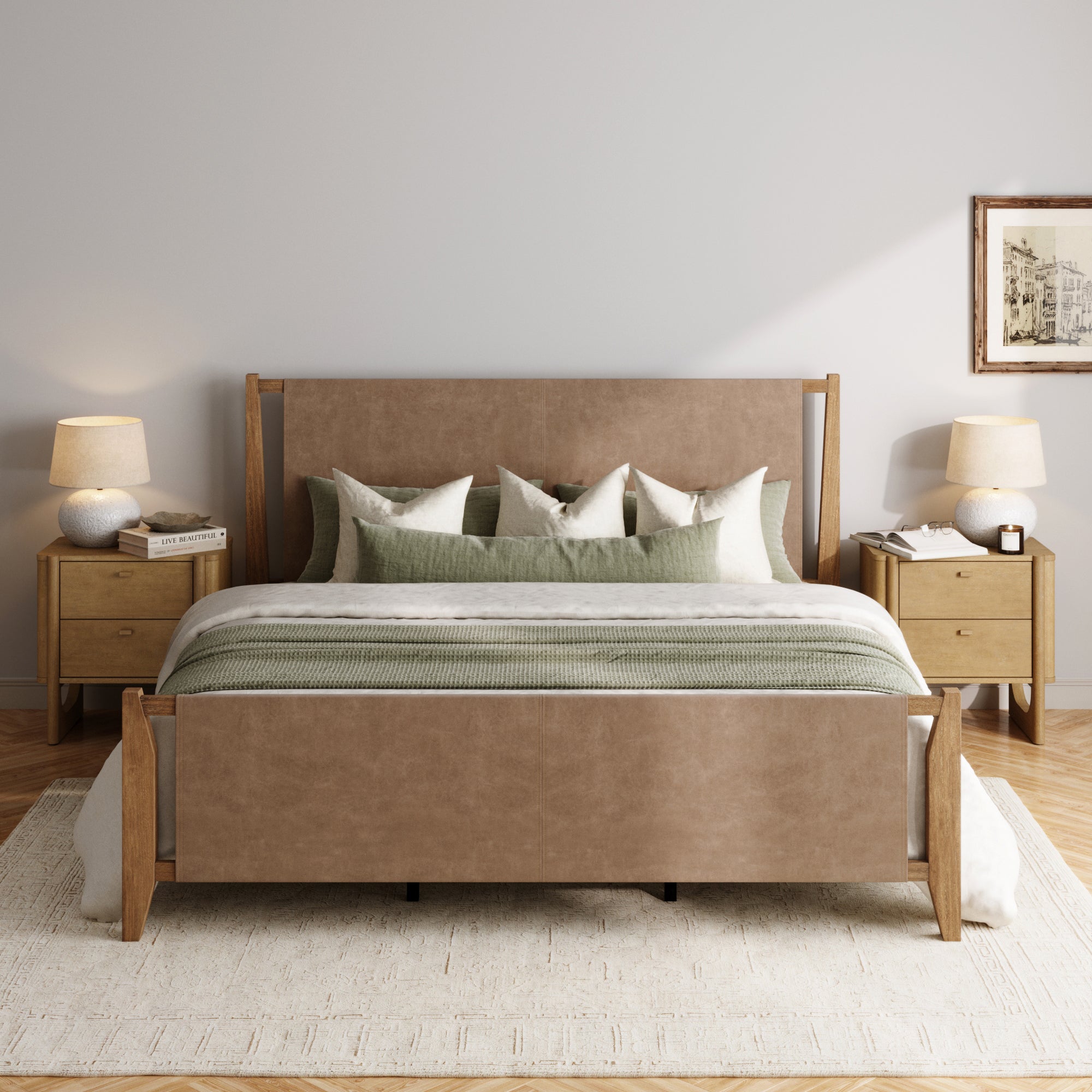 Faux Leather King Bedroom Set with 2 - Drawer Nightstands Light Brown - Nathan James
