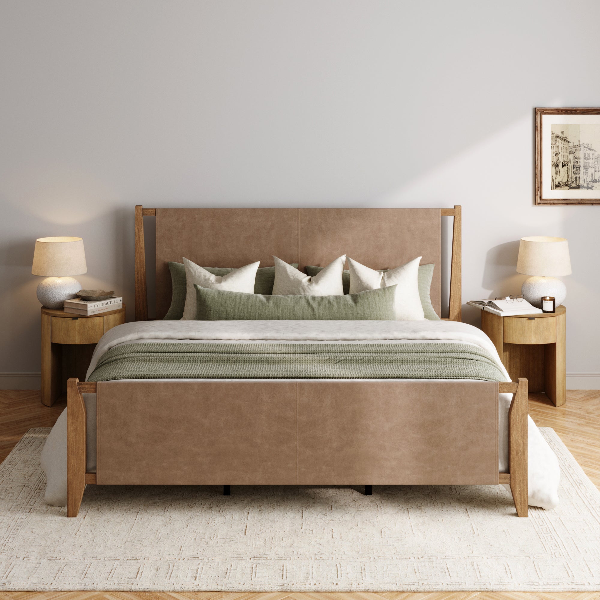 Faux Leather King Bed Frame with Curved Nightstands with Drawer Set Light Brown - Nathan James