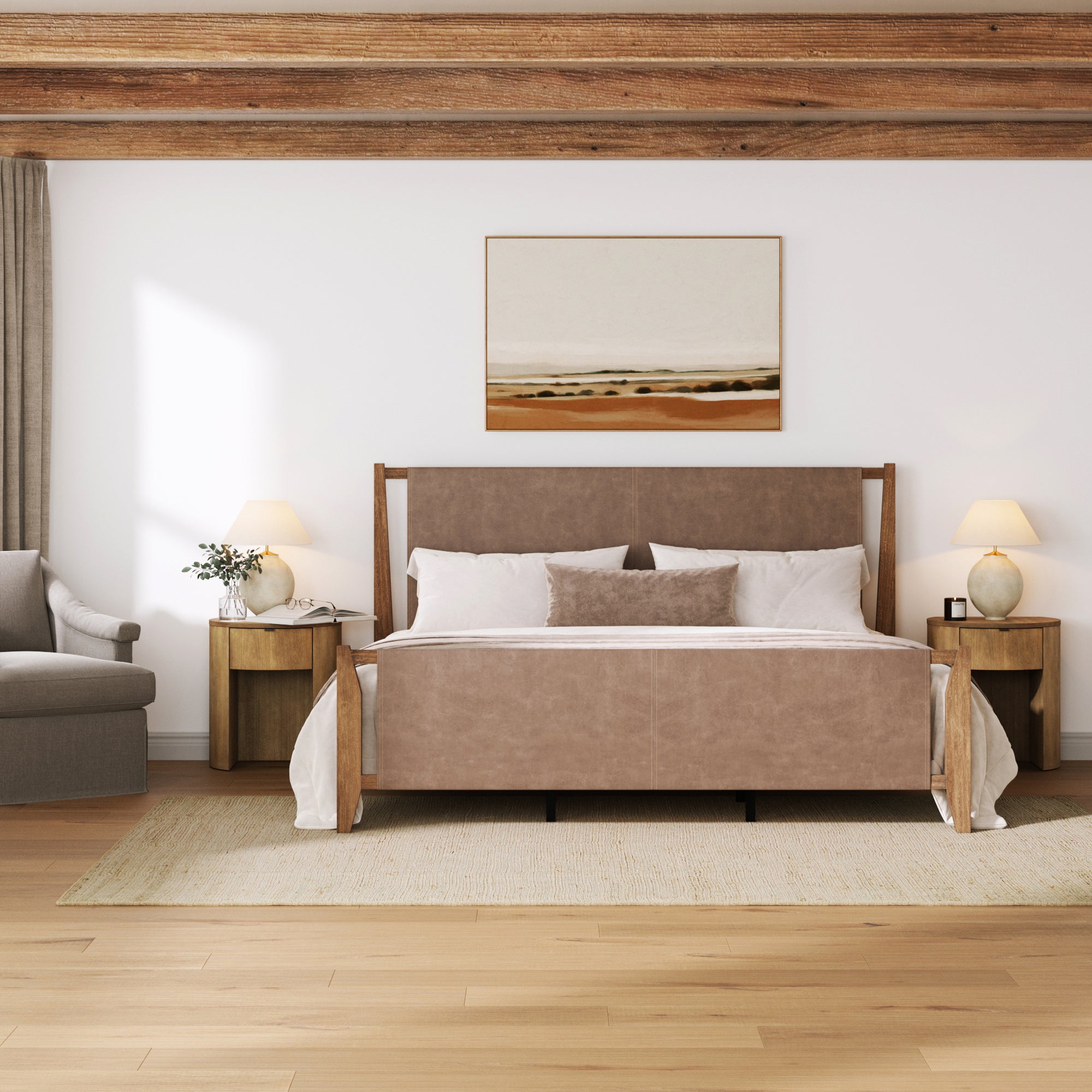 Faux Leather King Bed Frame with Curved Nightstands with Drawer Set Light Brown - Nathan James