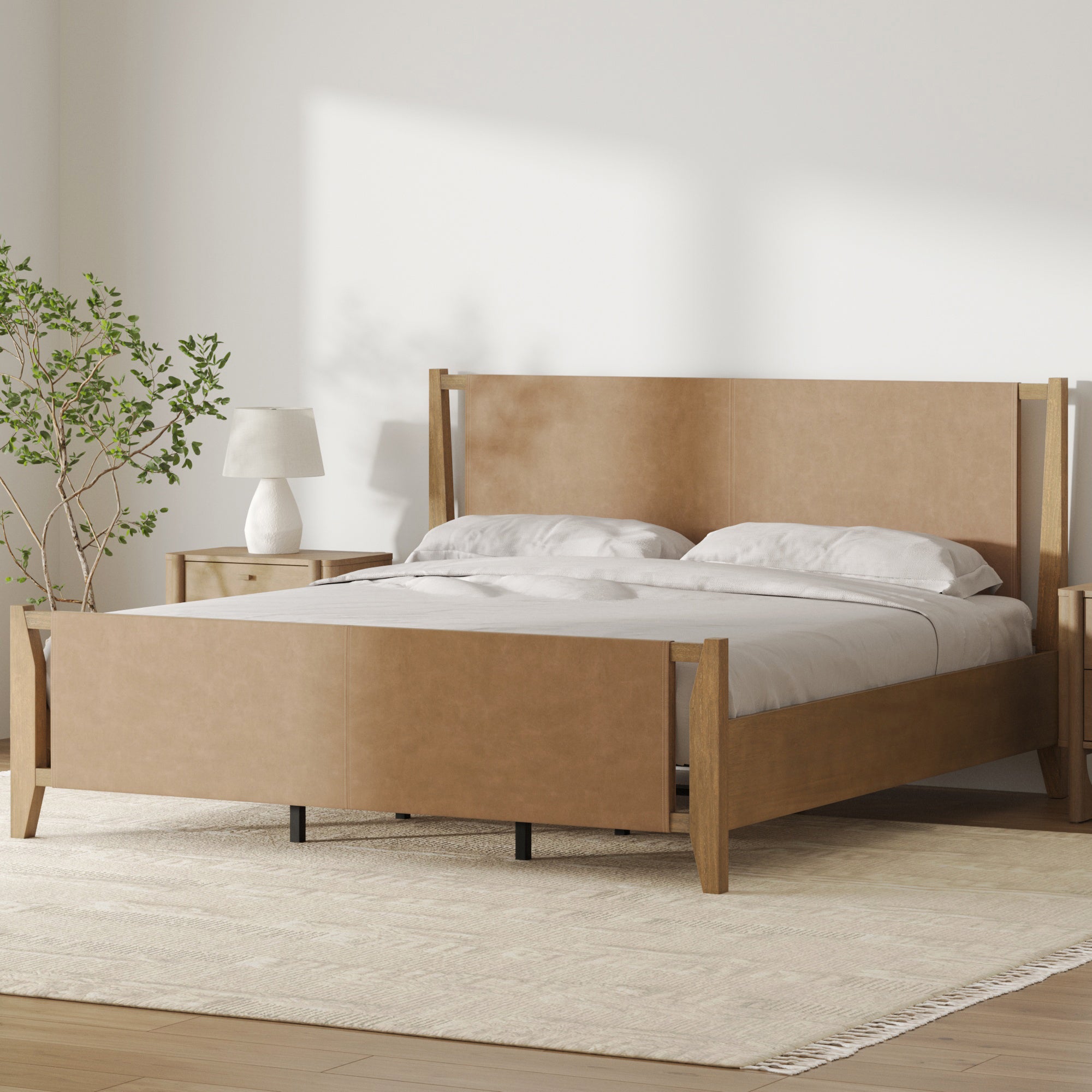 King Size Bed Frame Wood & Faux Leather with Headboard Light Brown - Nathan James
