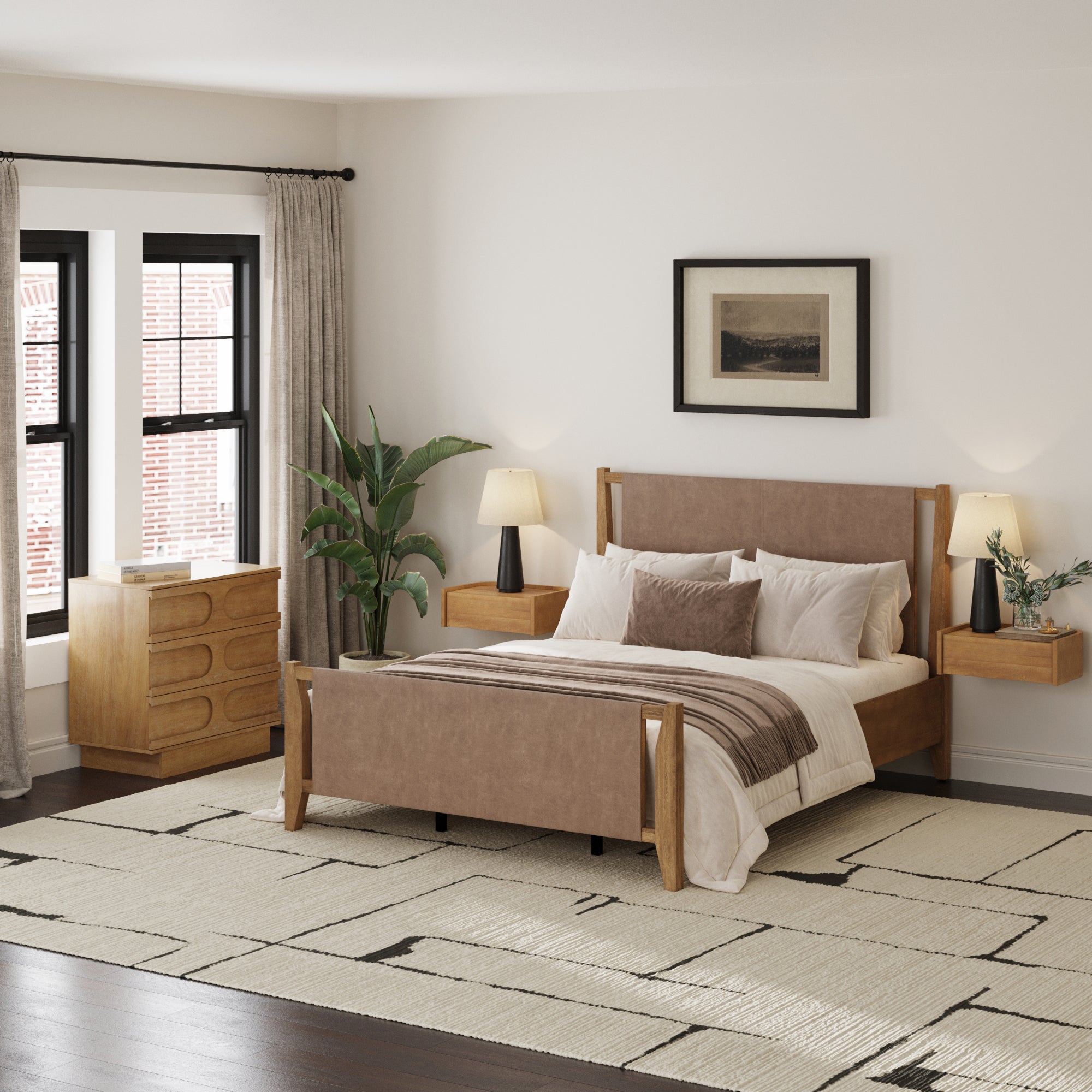 Faux Leather Queen Bedroom Set with Dresser & Nightstand Light Brown - Nathan James