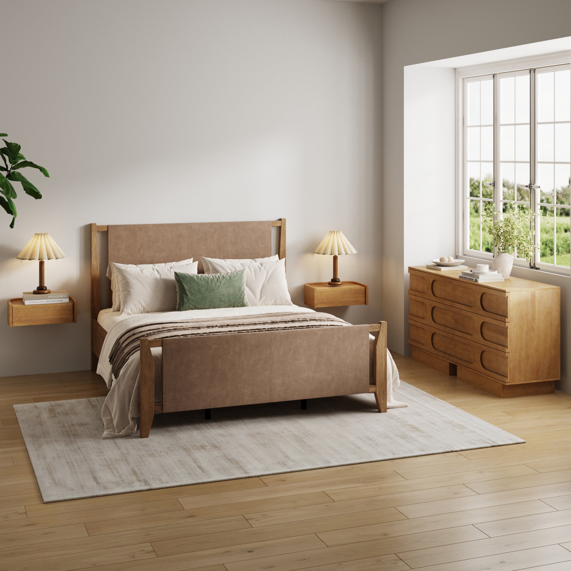 Faux Leather Queen Bedroom Set with 2 Dressers & 2 Nightstands Light Brown - Nathan James