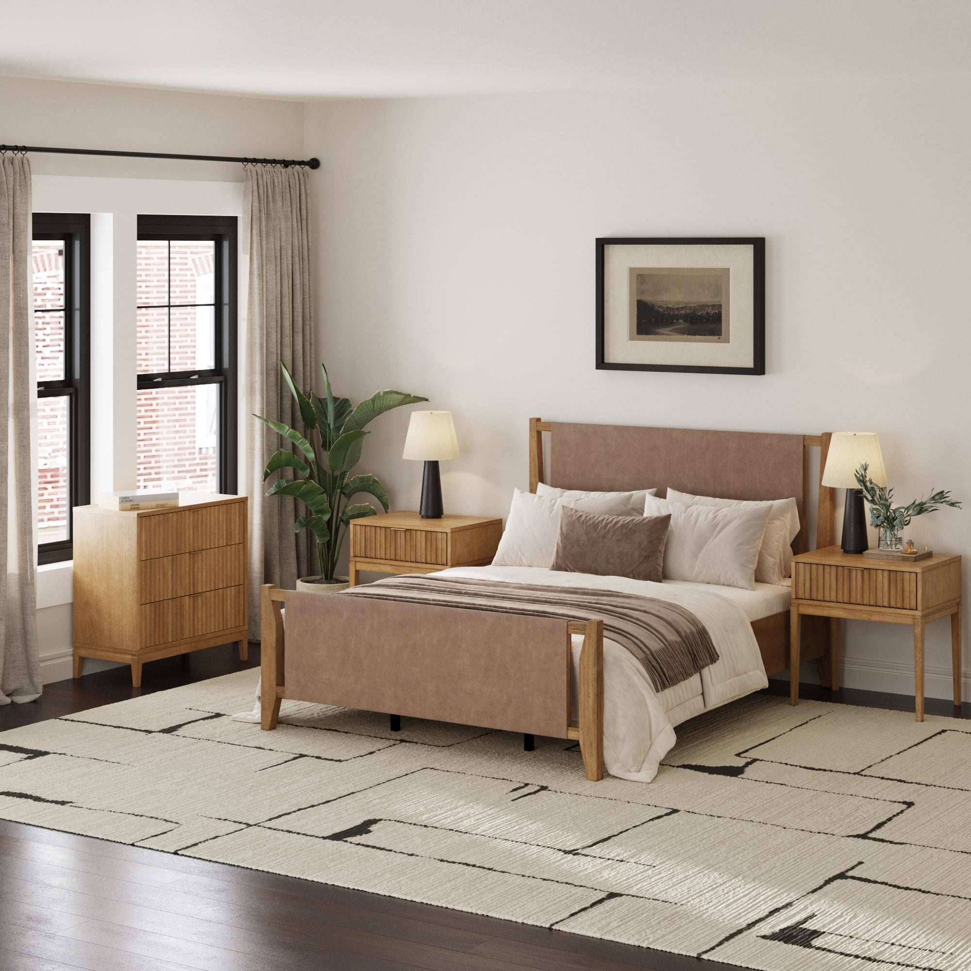 Faux Leather Queen Bedroom Set with Fluted Dresser & Nightstand Light Brown - Nathan James