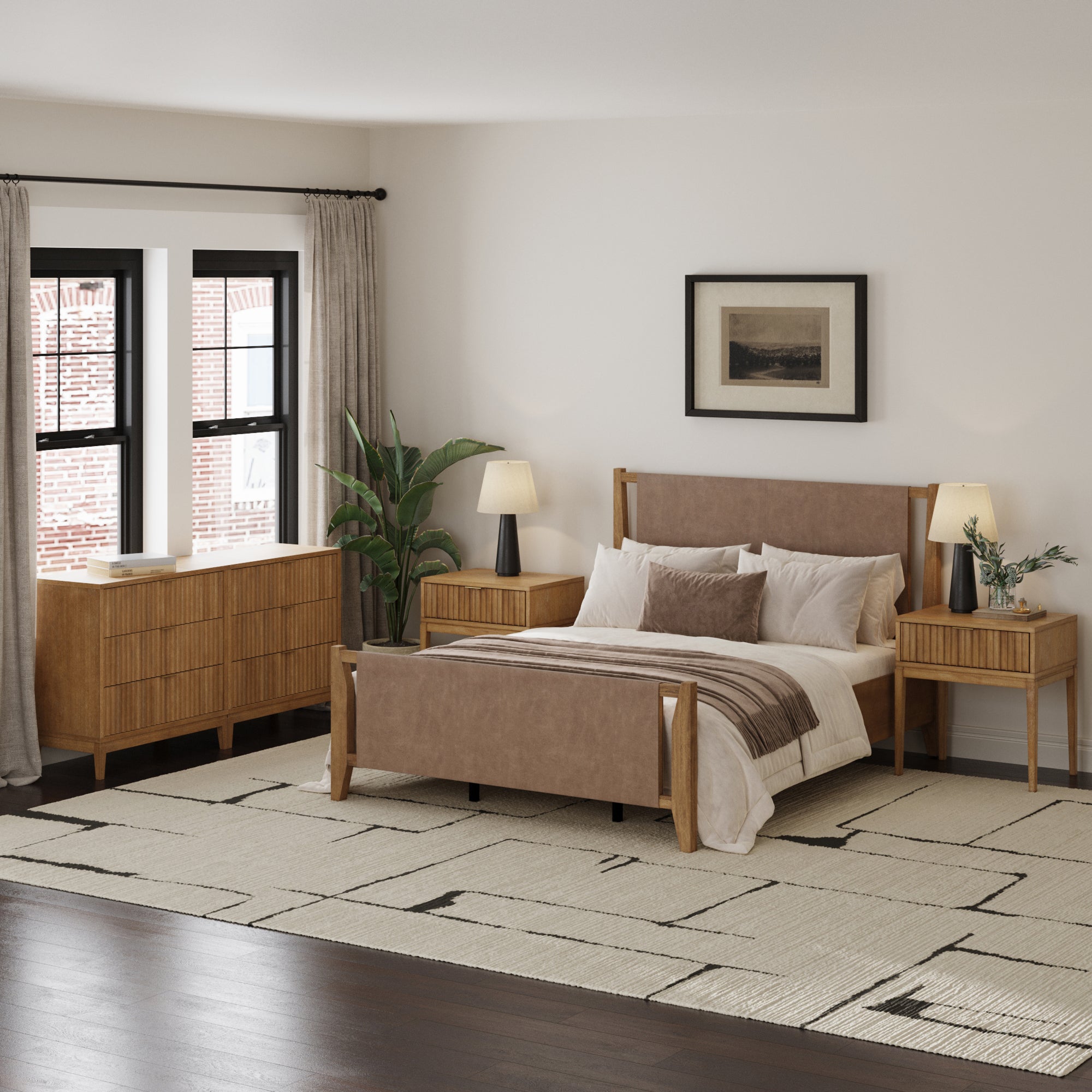 Faux Leather Queen Bedroom Set with 2 Fluted Dressers & 2 Nightstands Light Brown - Nathan James