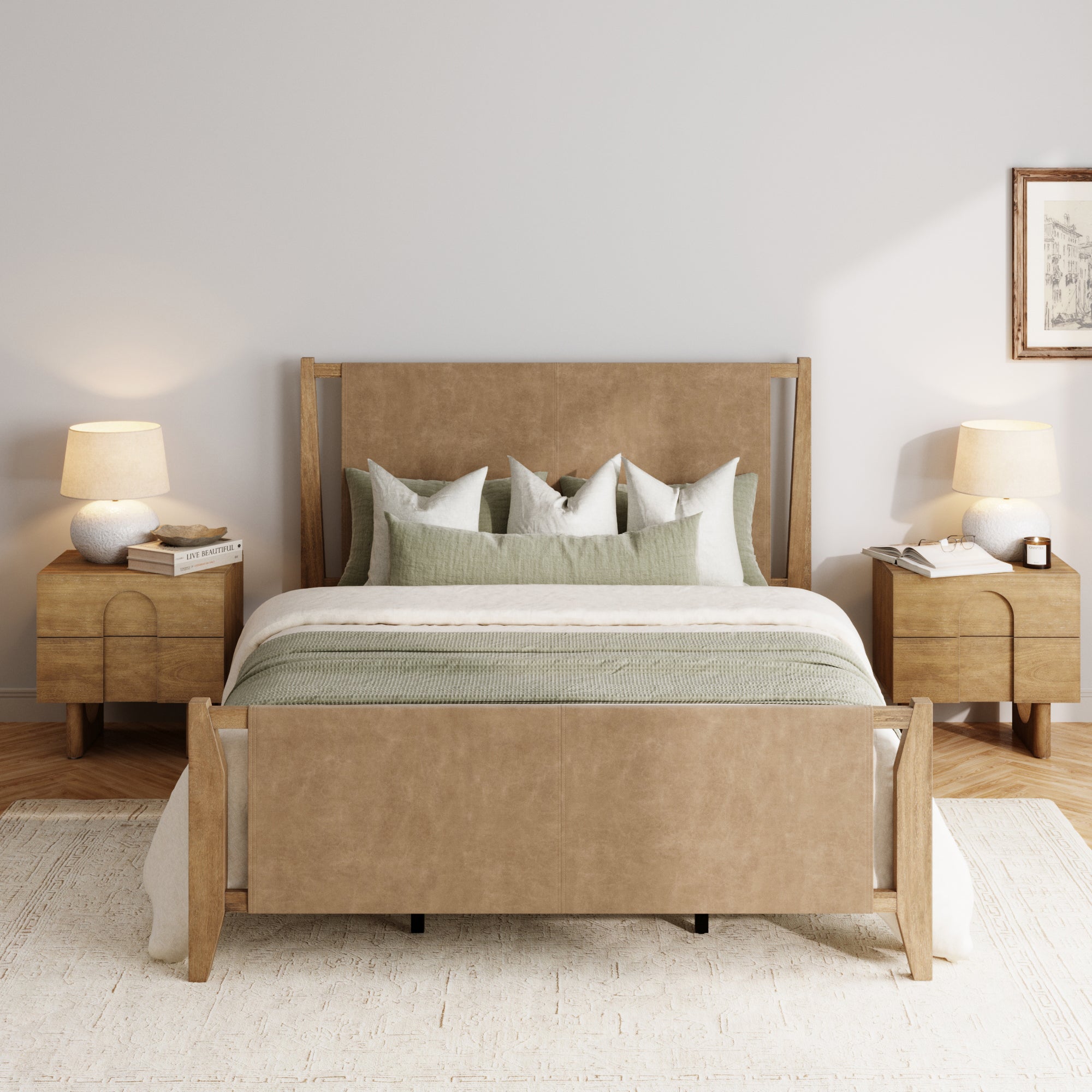 Mid - Century Modern Queen Solid Wood Platform Bed With Headboard Light Brown - Nathan James
