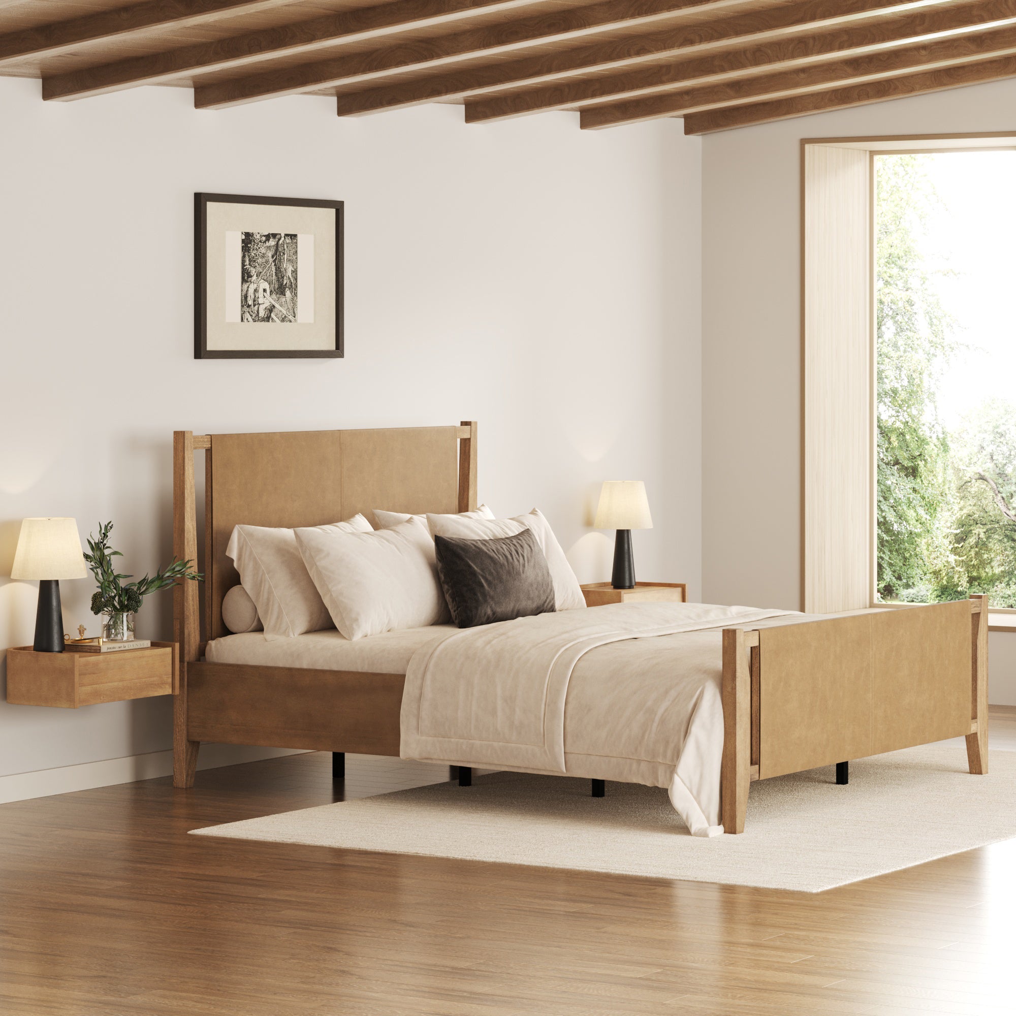 Cameron Mid Century Modern Queen Solid Wood Platform Bed With Headboar