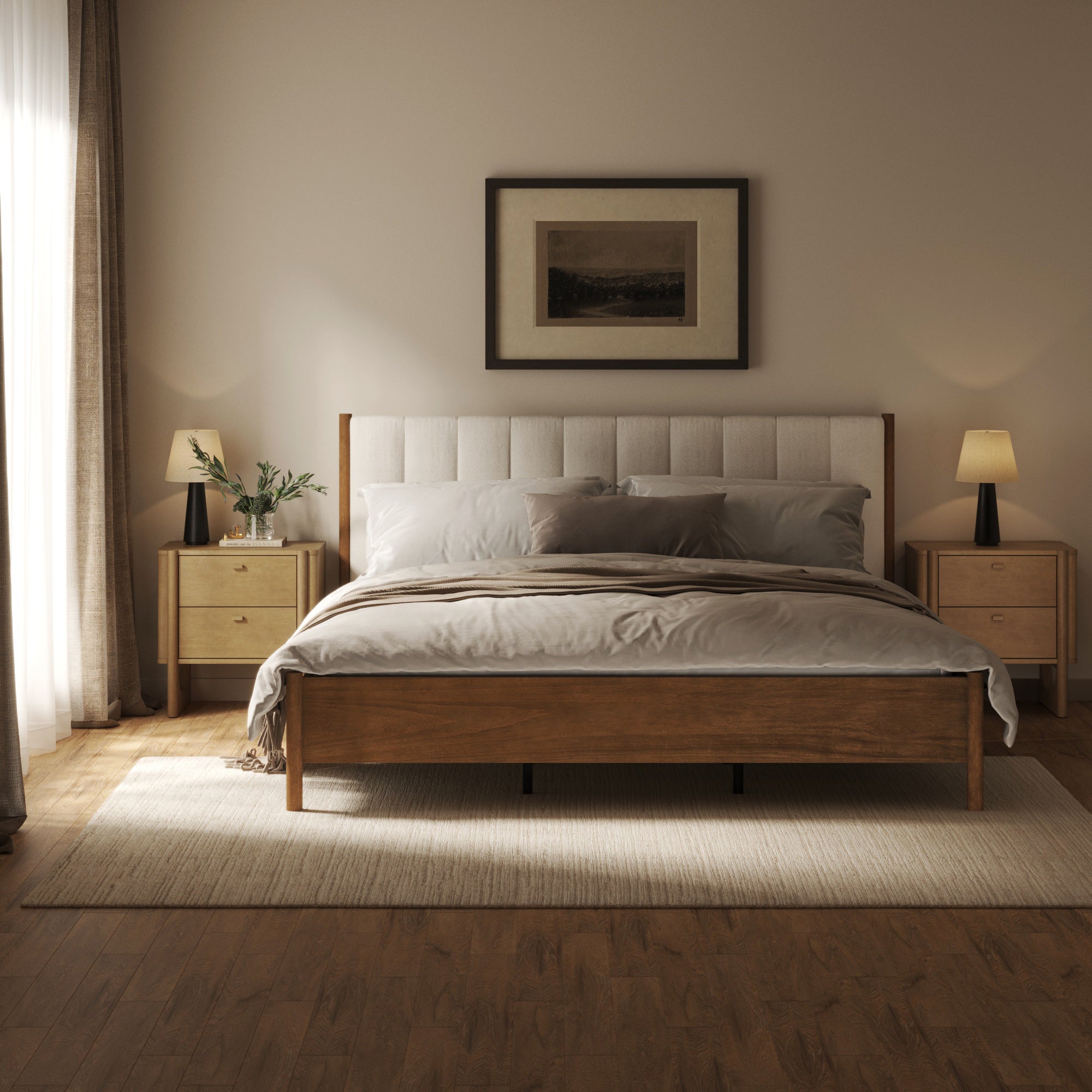 Mid Century Modern King Bed Frame and 2 - Drawer Nightstand Set - Nathan James