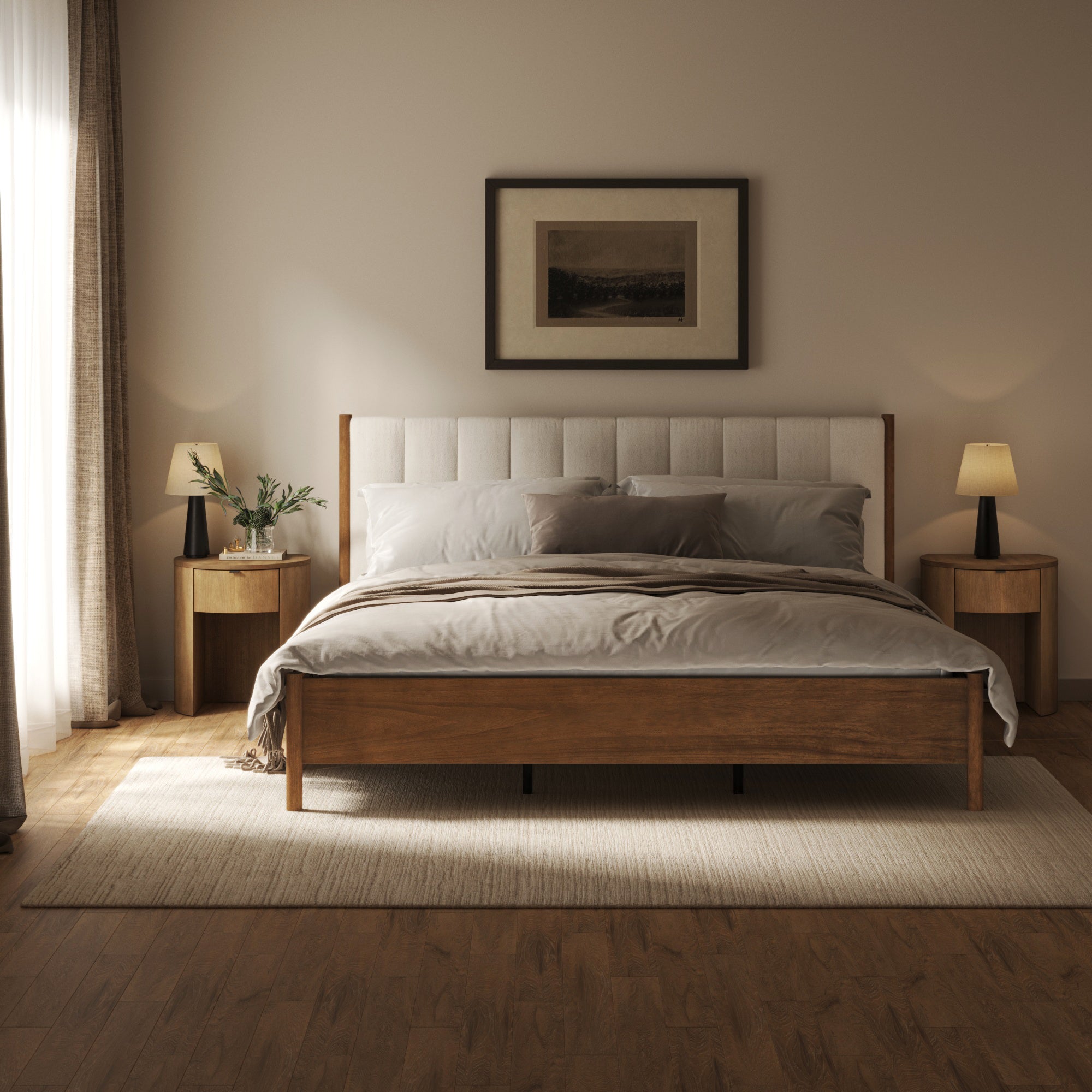 Modern King Bed Frame and Curved Nightstand with Drawer Set - Nathan James