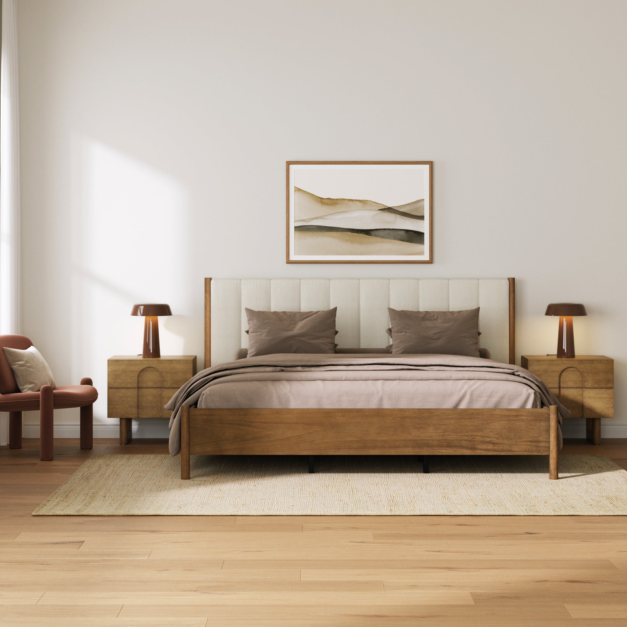 Mid Century Modern King Bed Frame and Arched Nightstand Set - Nathan James