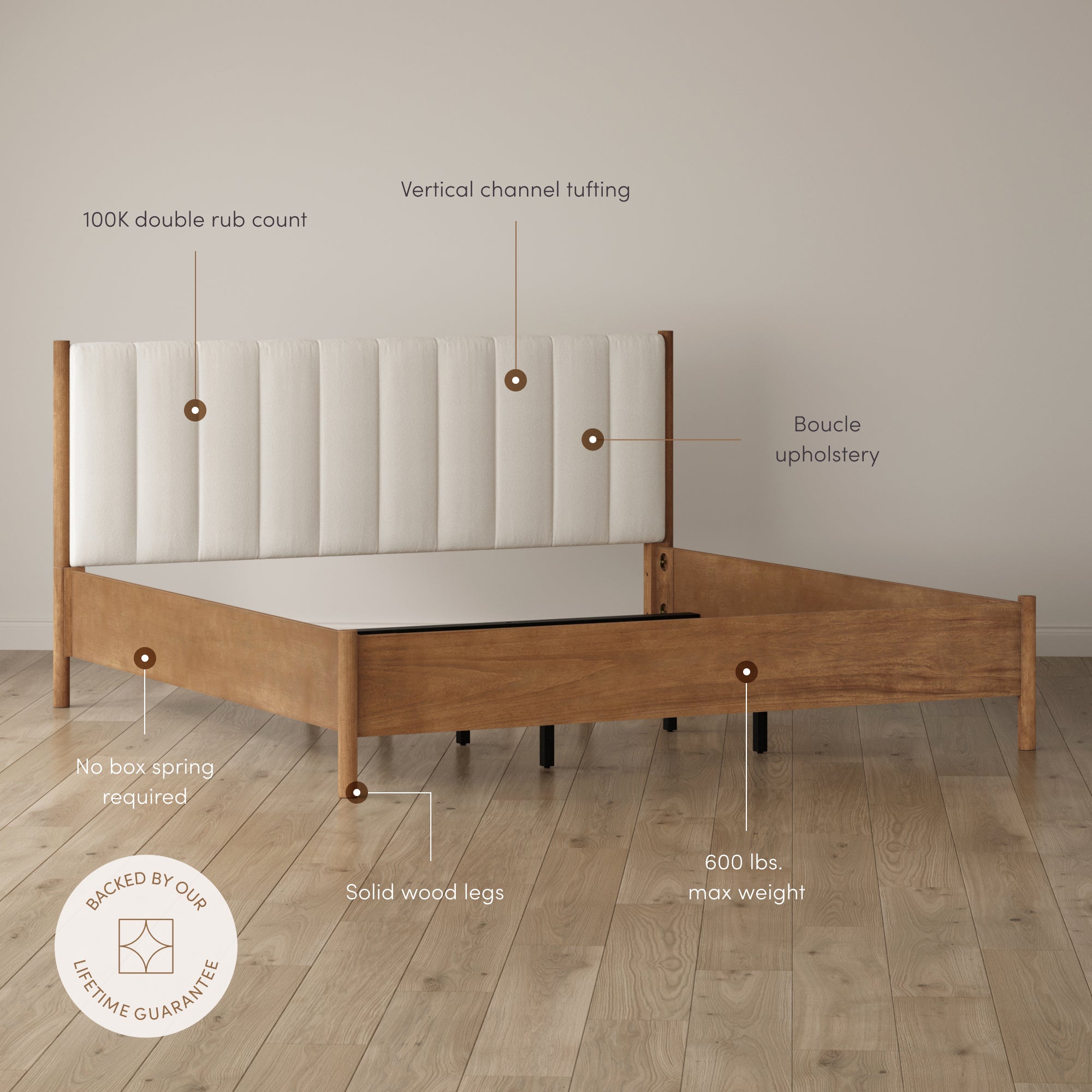 Mid Century Modern King Bed Frame and Arched Nightstand Set Light Brown - Nathan James