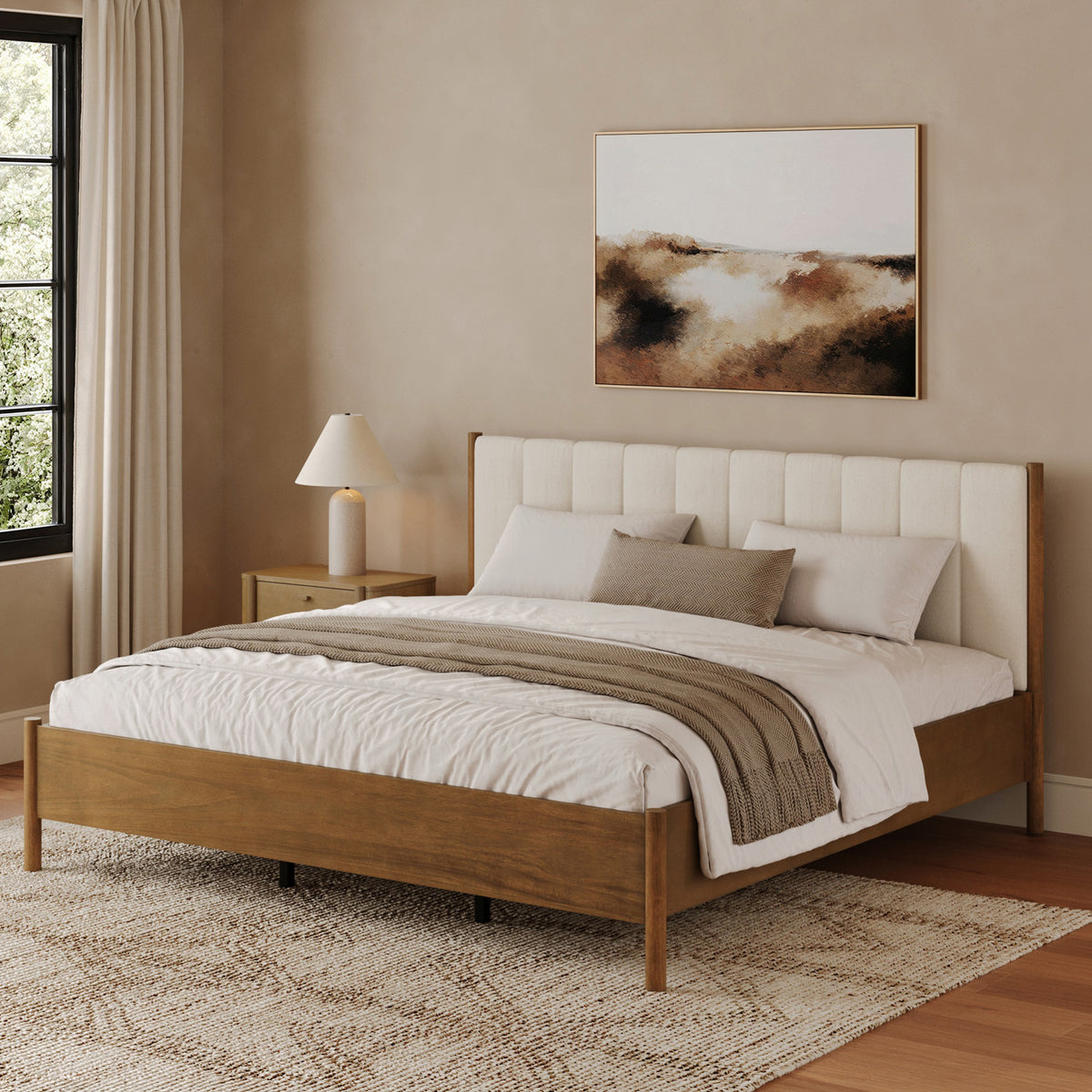 Mid-Century Upholstered Bed Frame with Boucle Headboard Light Brown | Size King