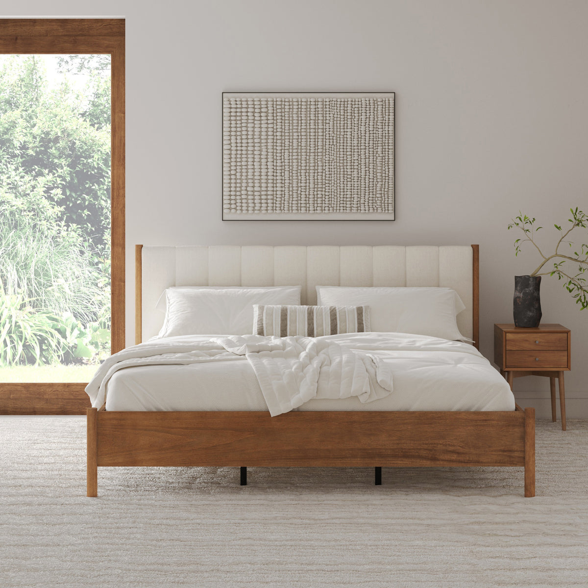 Miles Mid Century King Upholstered Bed Frame with Boucle Headboard | N